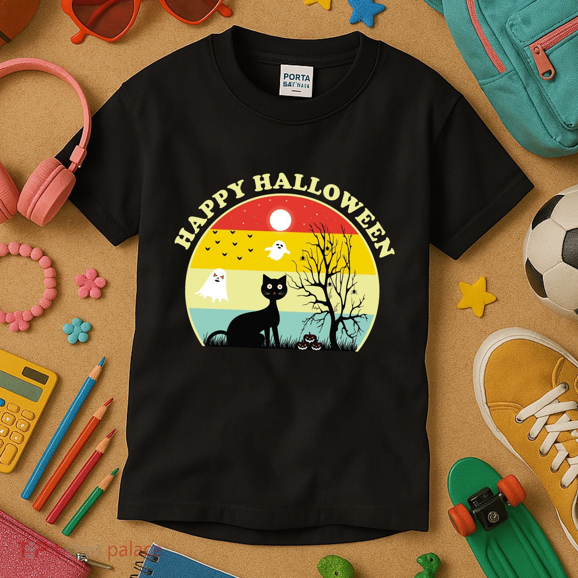 Happy Halloween Black Cat Retro Sunset Kids T-Shirt