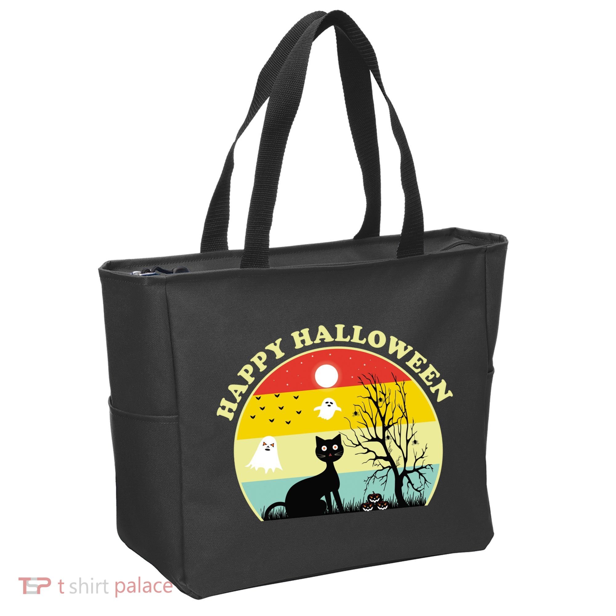 Happy Halloween Black Cat Retro Sunset Tote Bag