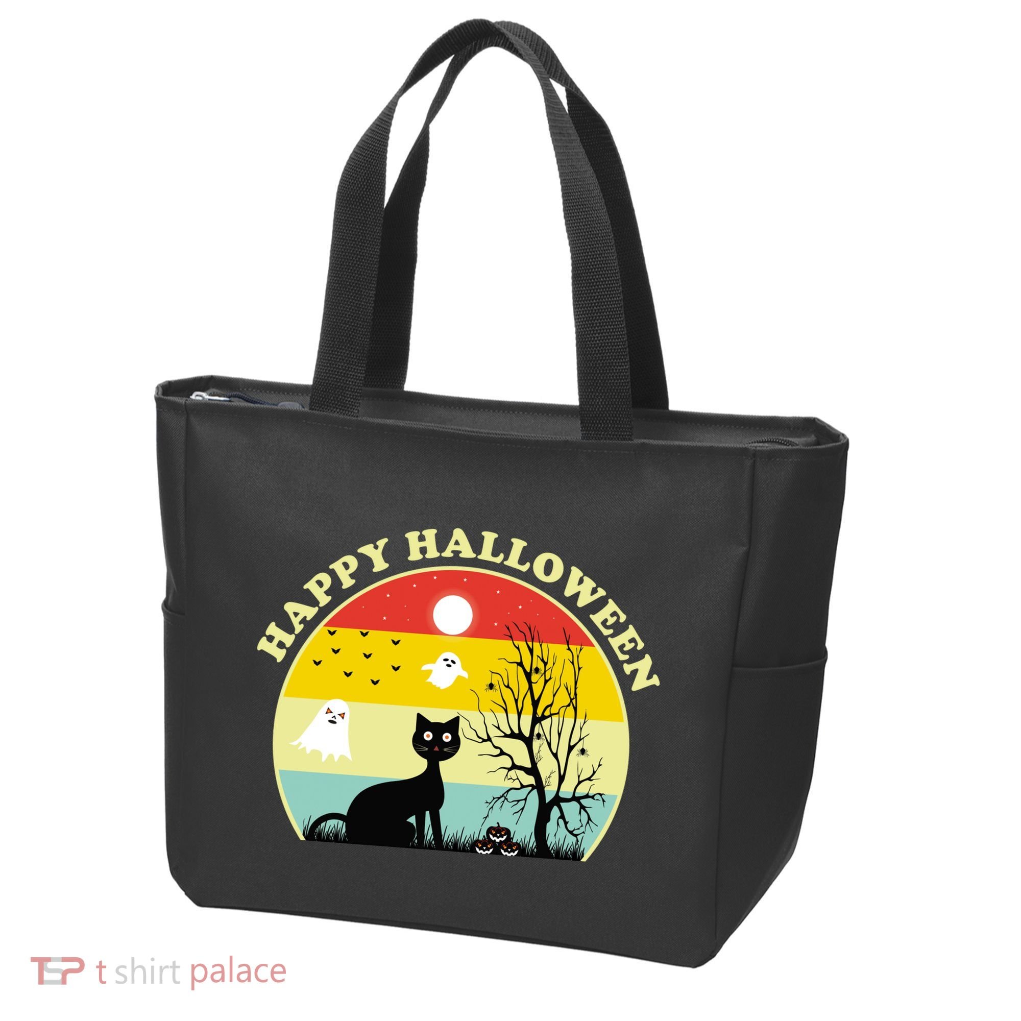 Happy Halloween Black Cat Retro Sunset Tote Bag