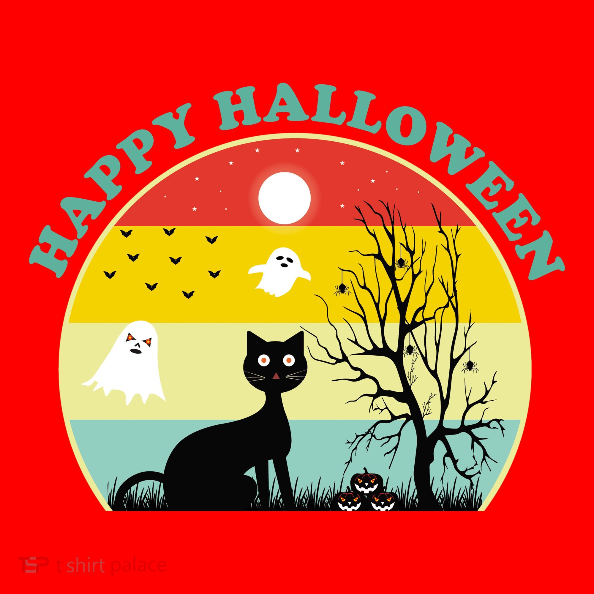Happy Halloween Black Cat Retro Sunset Santa Hat
