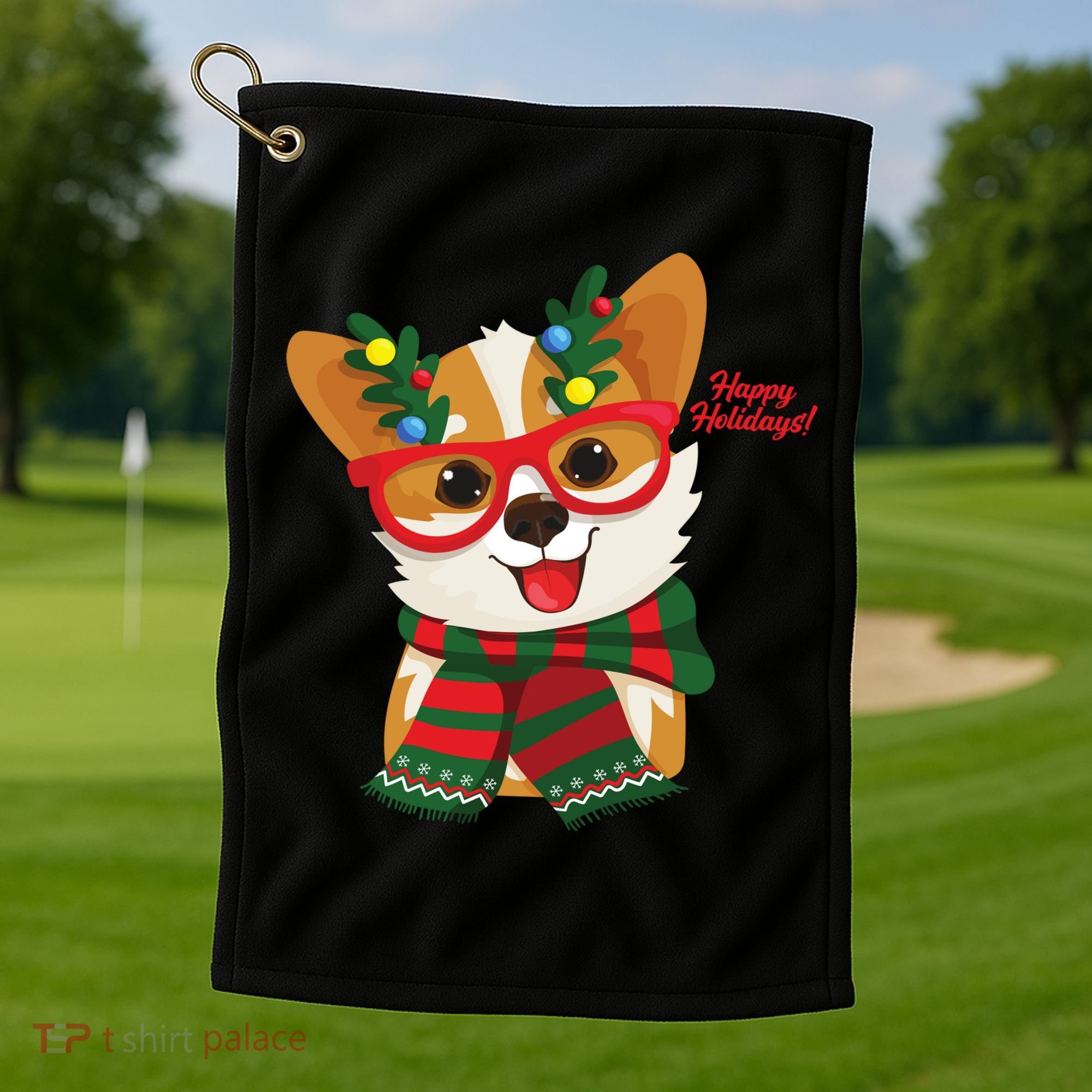 Happy Holidays Cute Corgi Dog Lover Golf Towel