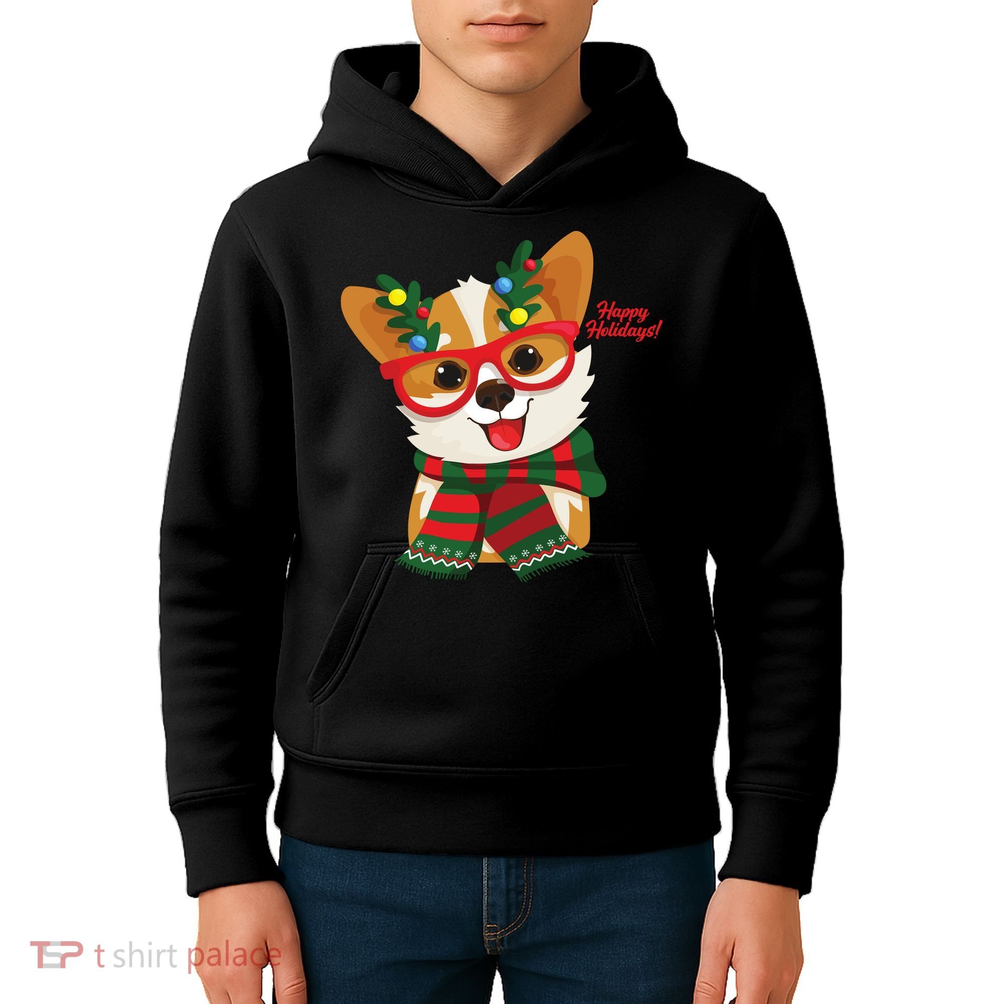 Happy Holidays Cute Corgi Dog Lover Kids Hoodie