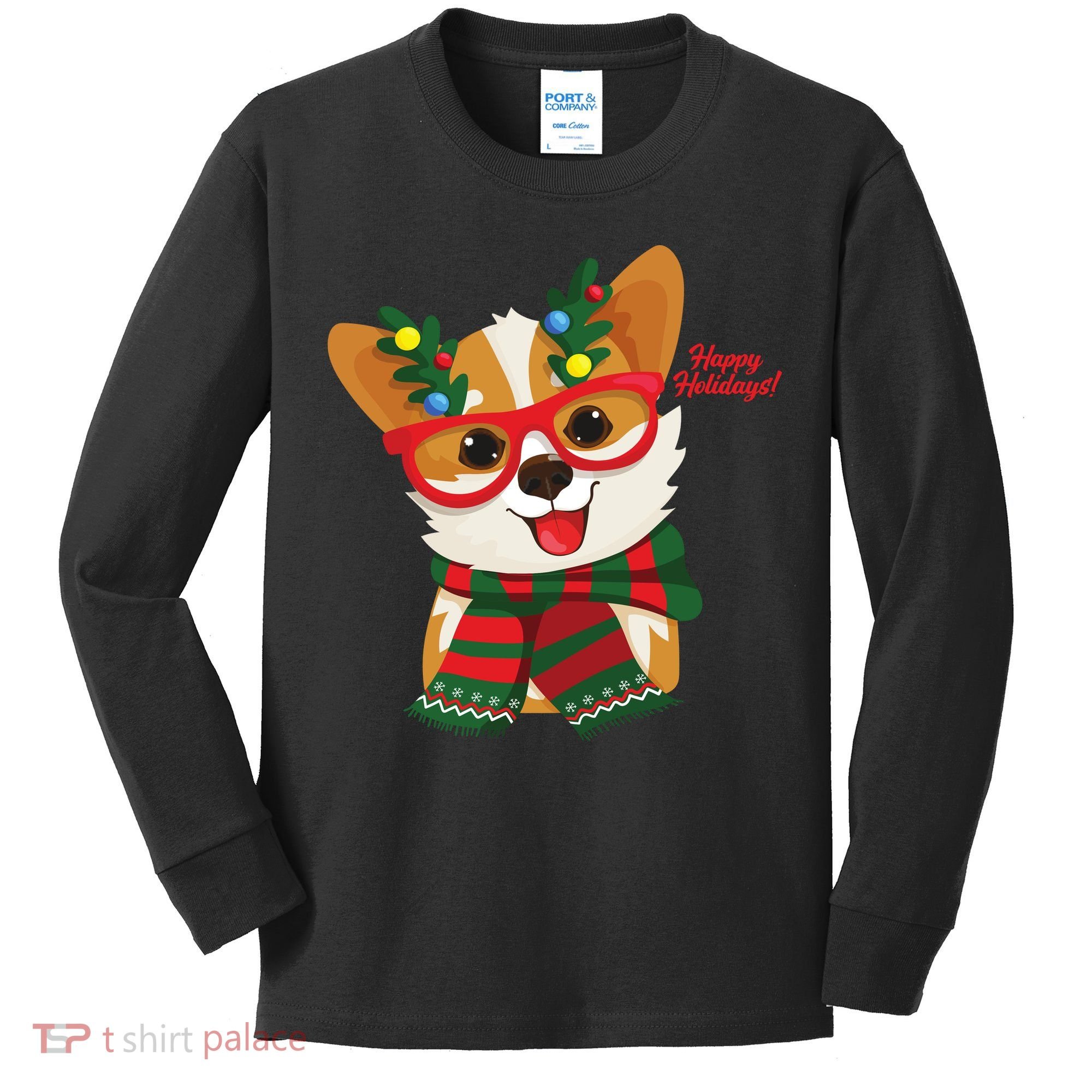 Happy Holidays Cute Corgi Dog Lover Kids Long Sleeve Shirt