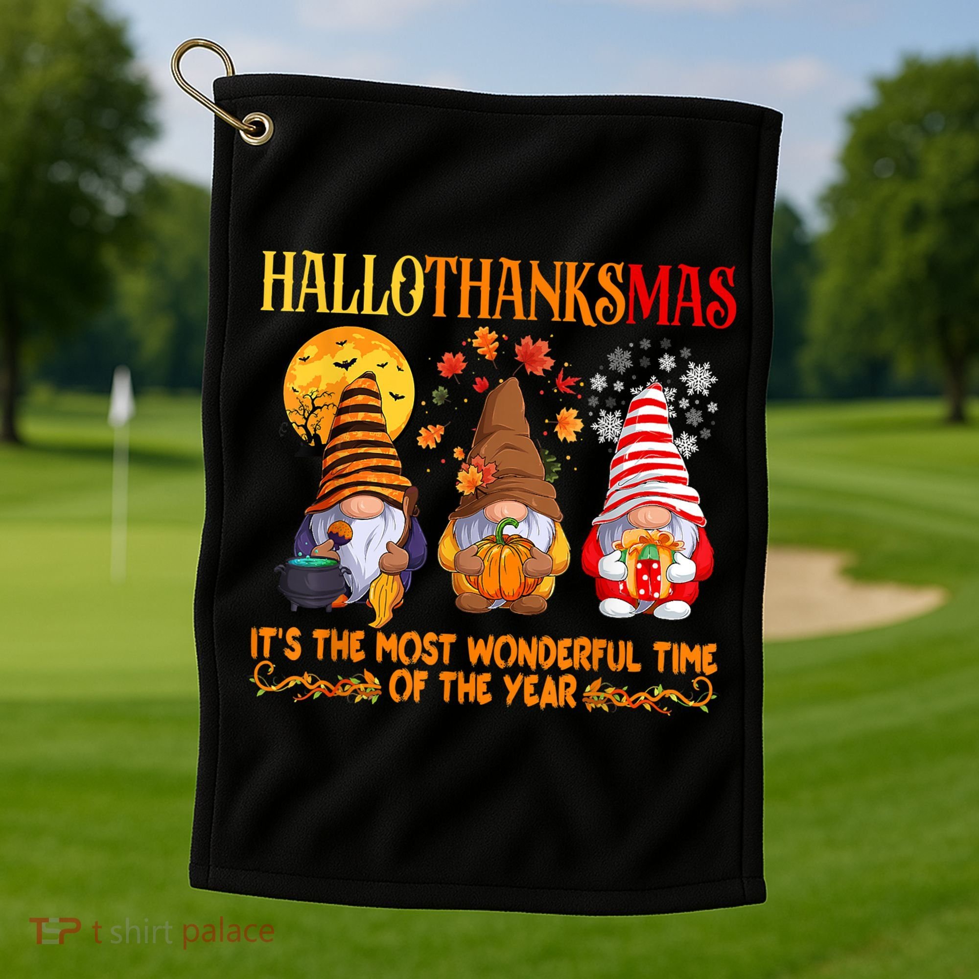 Happy Hallothanksmas Cute Gnomes Fall Halloween Golf Towel
