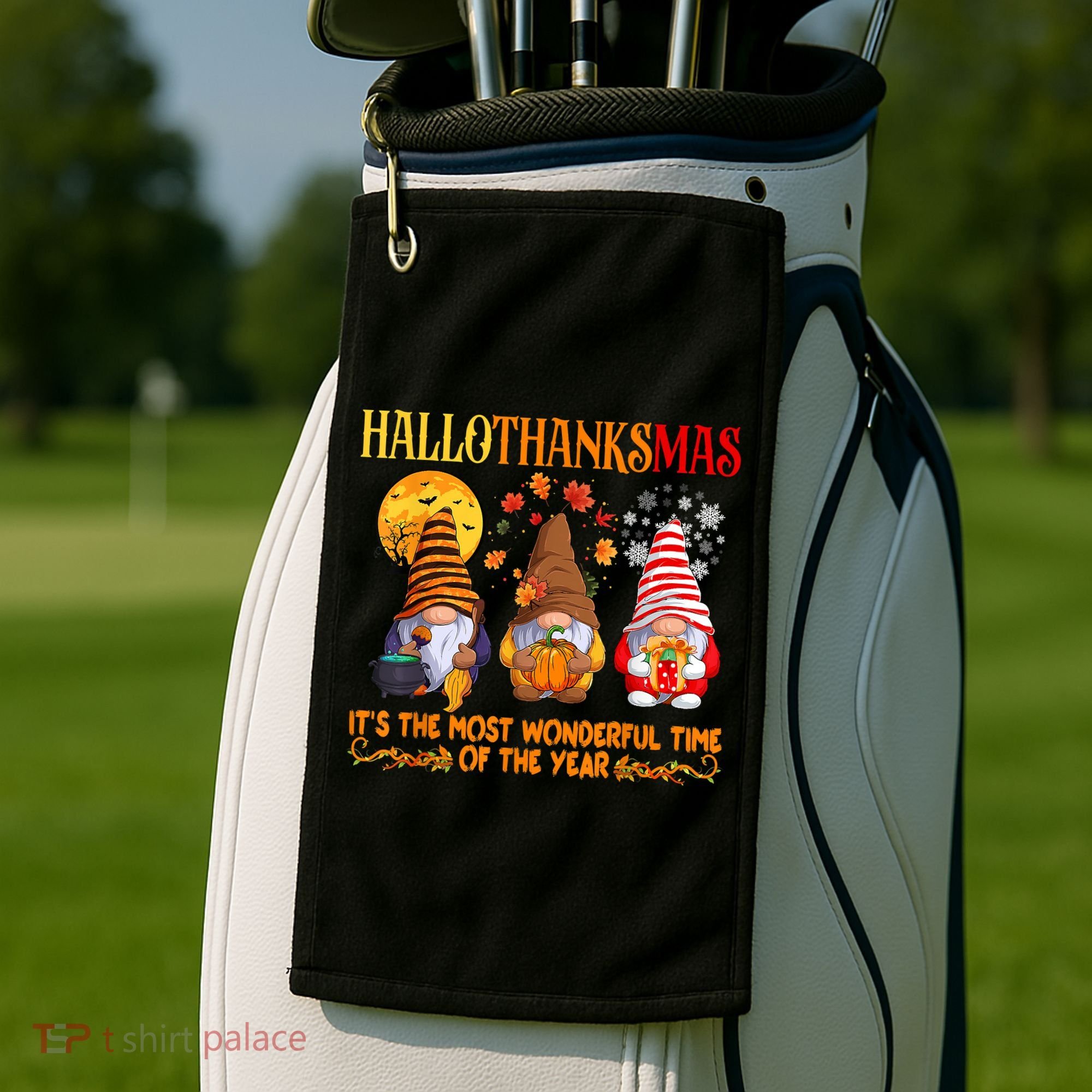Happy Hallothanksmas Cute Gnomes Fall Halloween Golf Towel