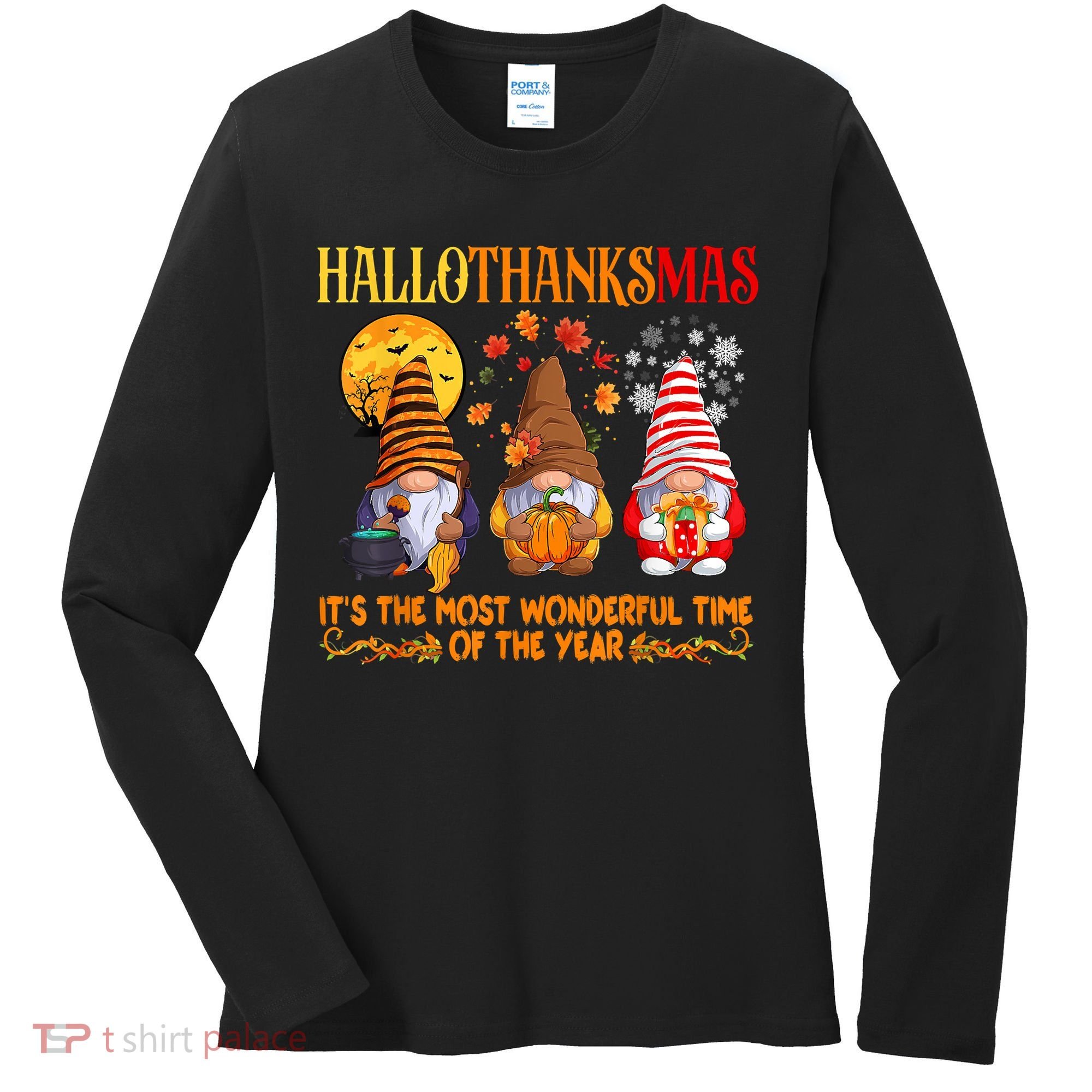 Happy Hallothanksmas Cute Gnomes Fall Halloween Women's Long Sleeve Shirt