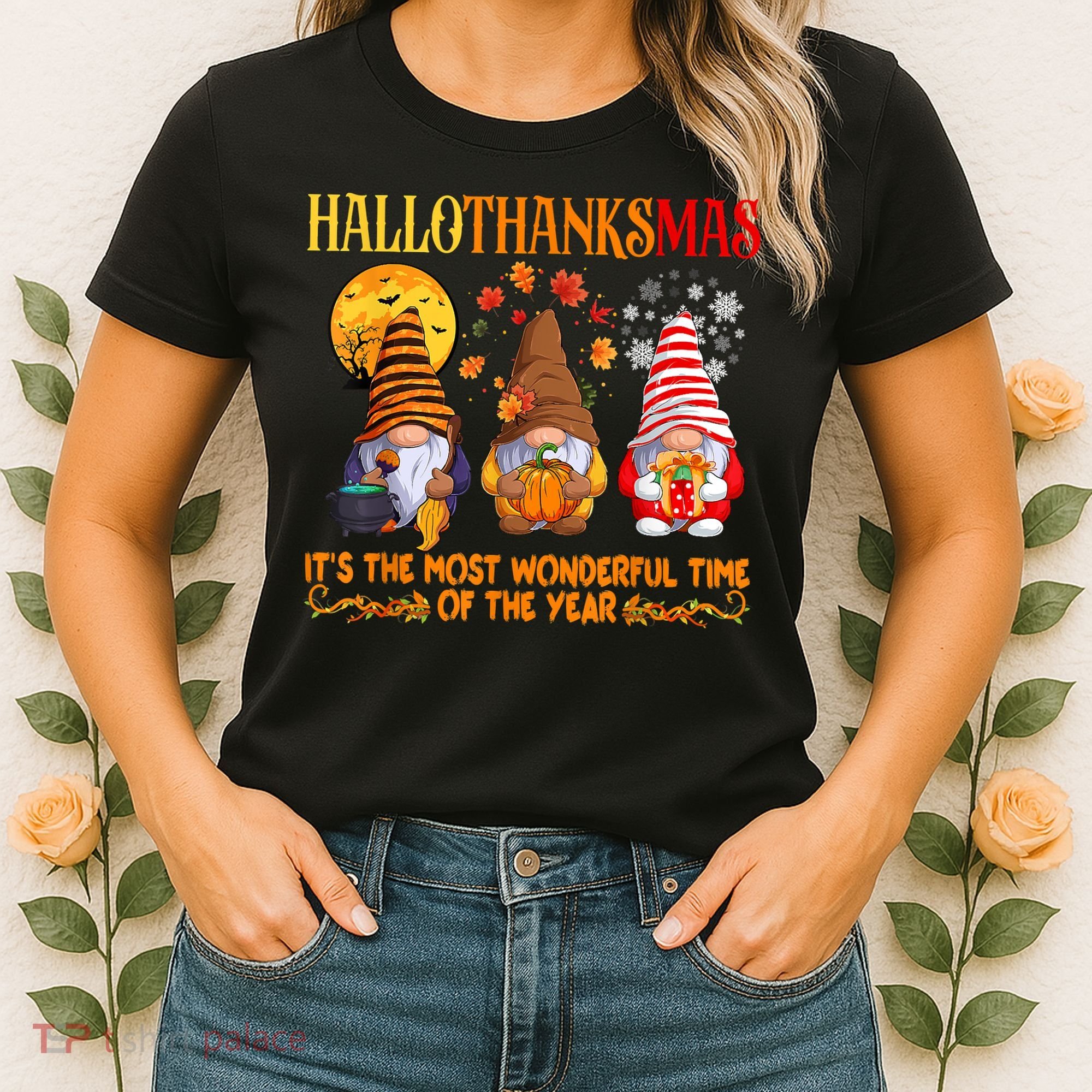 Happy Hallothanksmas Cute Gnomes Fall Halloween Women's T-Shirt