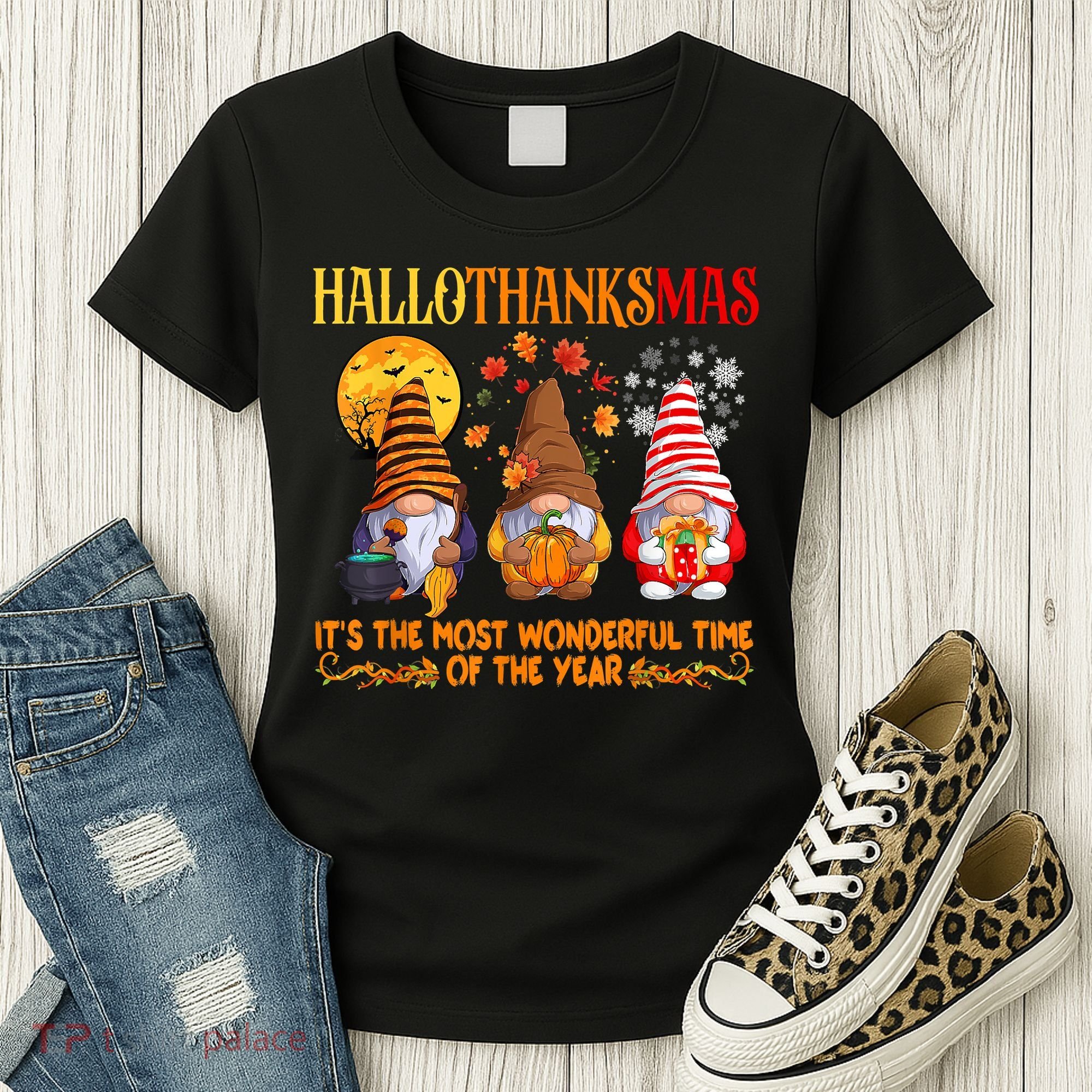 Happy Hallothanksmas Cute Gnomes Fall Halloween Women's T-Shirt