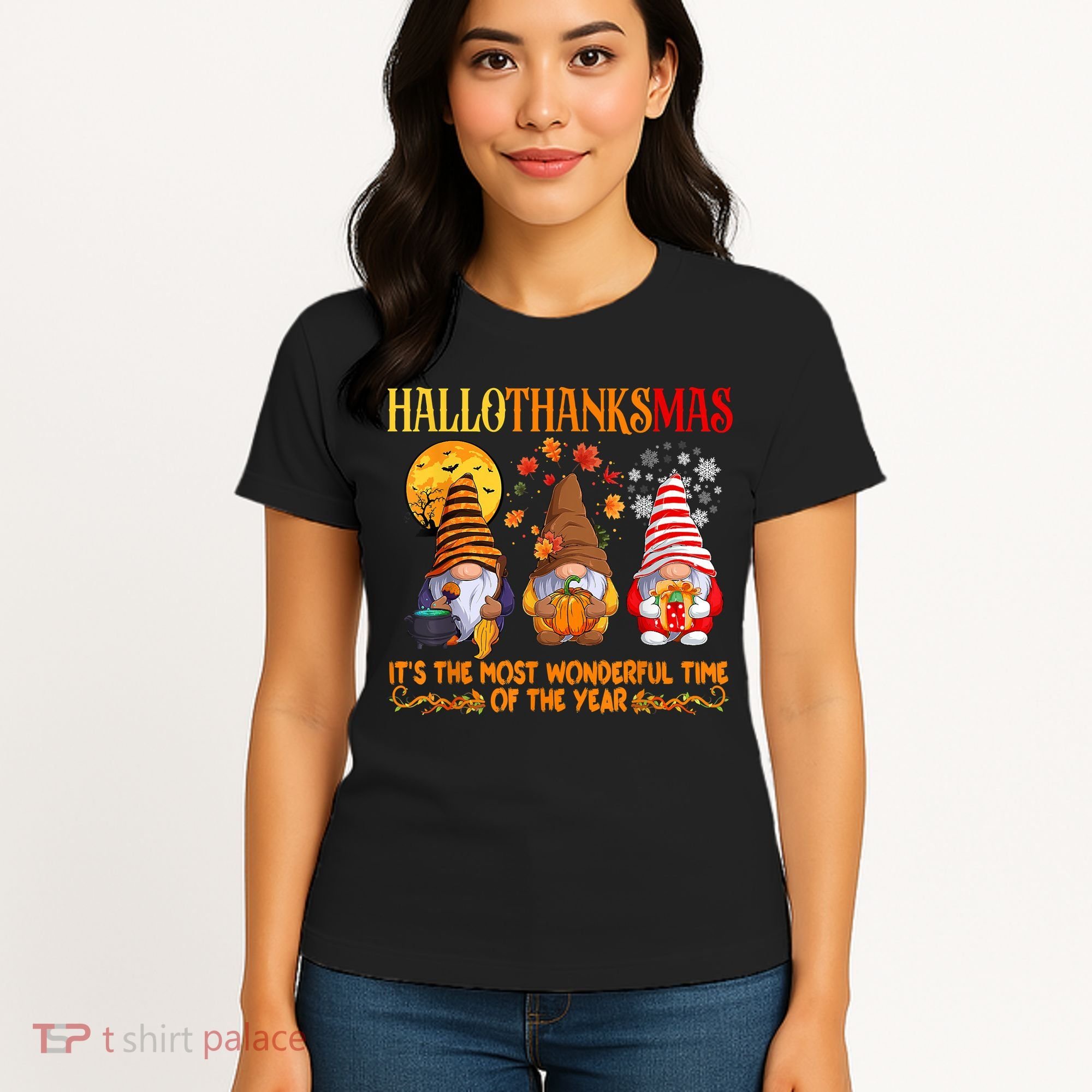 Happy Hallothanksmas Cute Gnomes Fall Halloween Women's T-Shirt