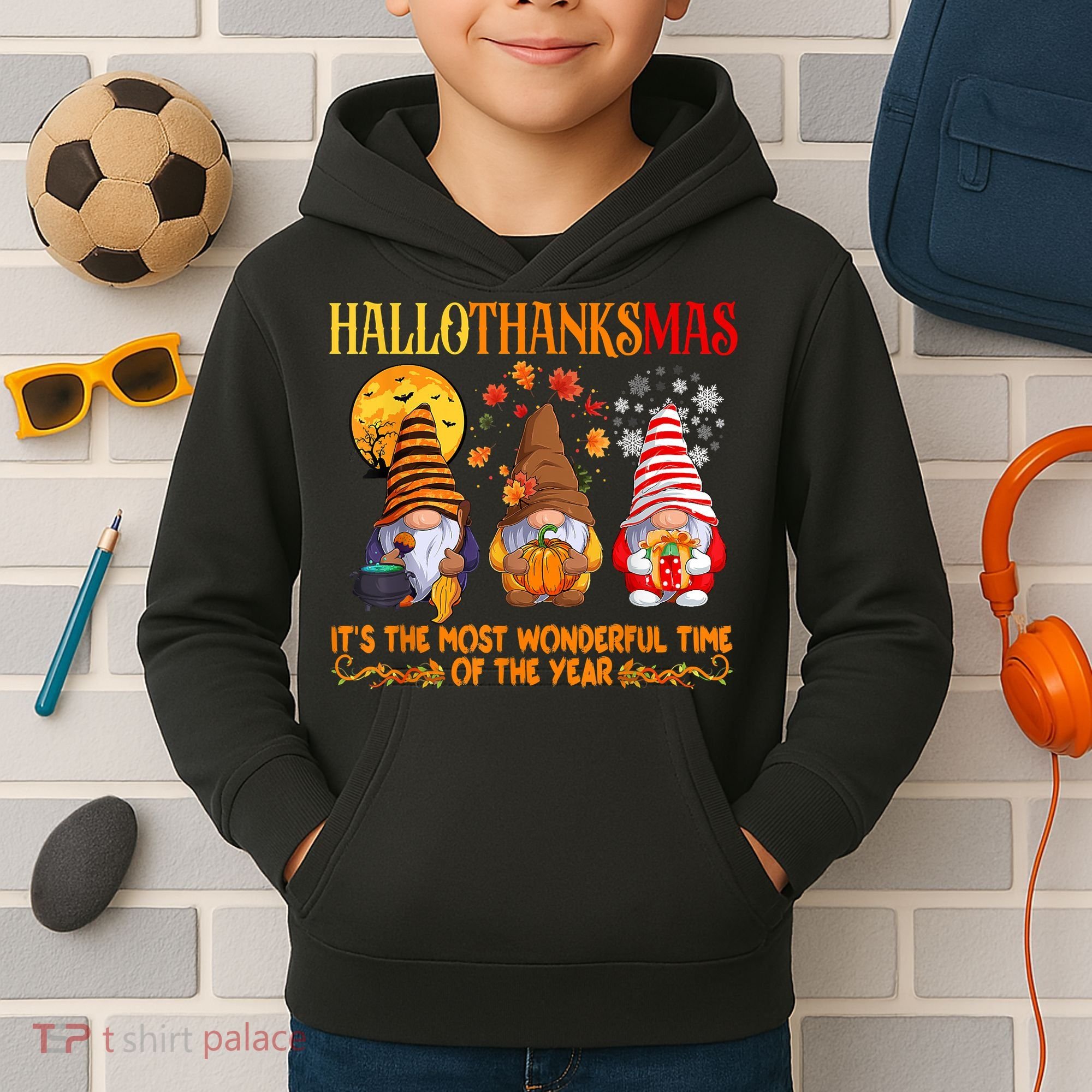 Happy Hallothanksmas Cute Gnomes Fall Halloween Kids Hoodie