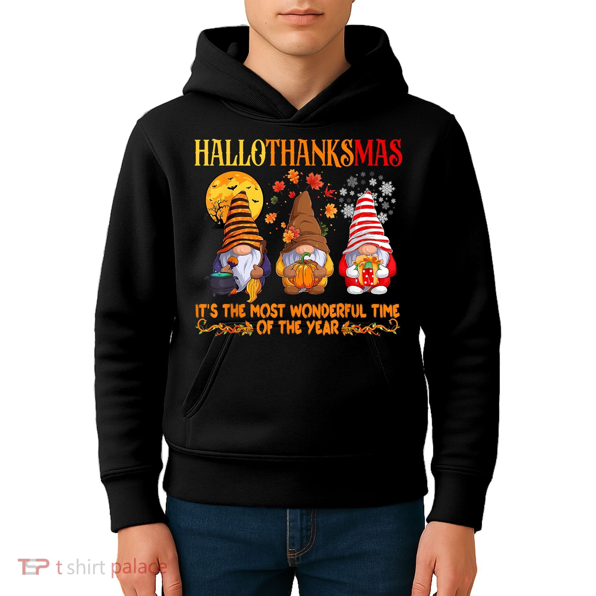 Happy Hallothanksmas Cute Gnomes Fall Halloween Kids Hoodie