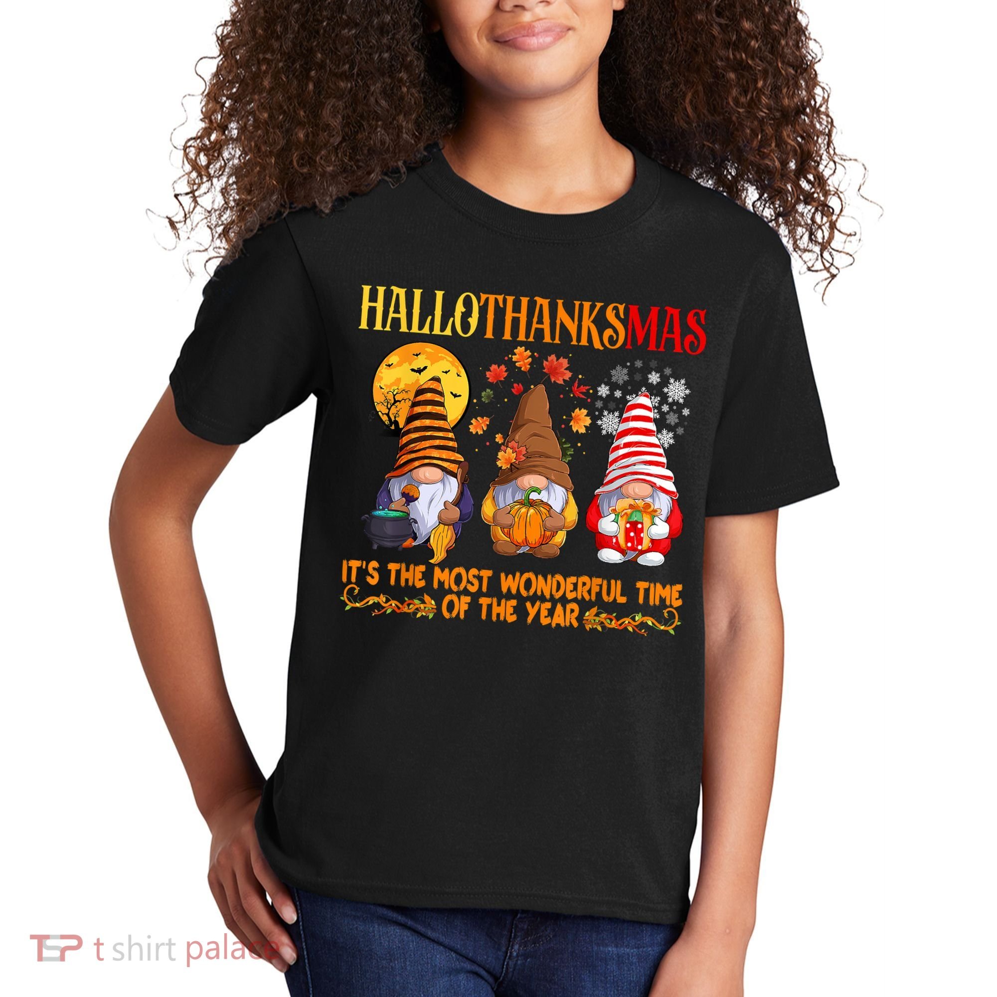 Happy Hallothanksmas Cute Gnomes Fall Halloween Kids T-Shirt