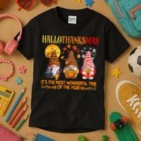 Happy Hallothanksmas Cute Gnomes Fall Halloween Kids T-Shirt thumb 3