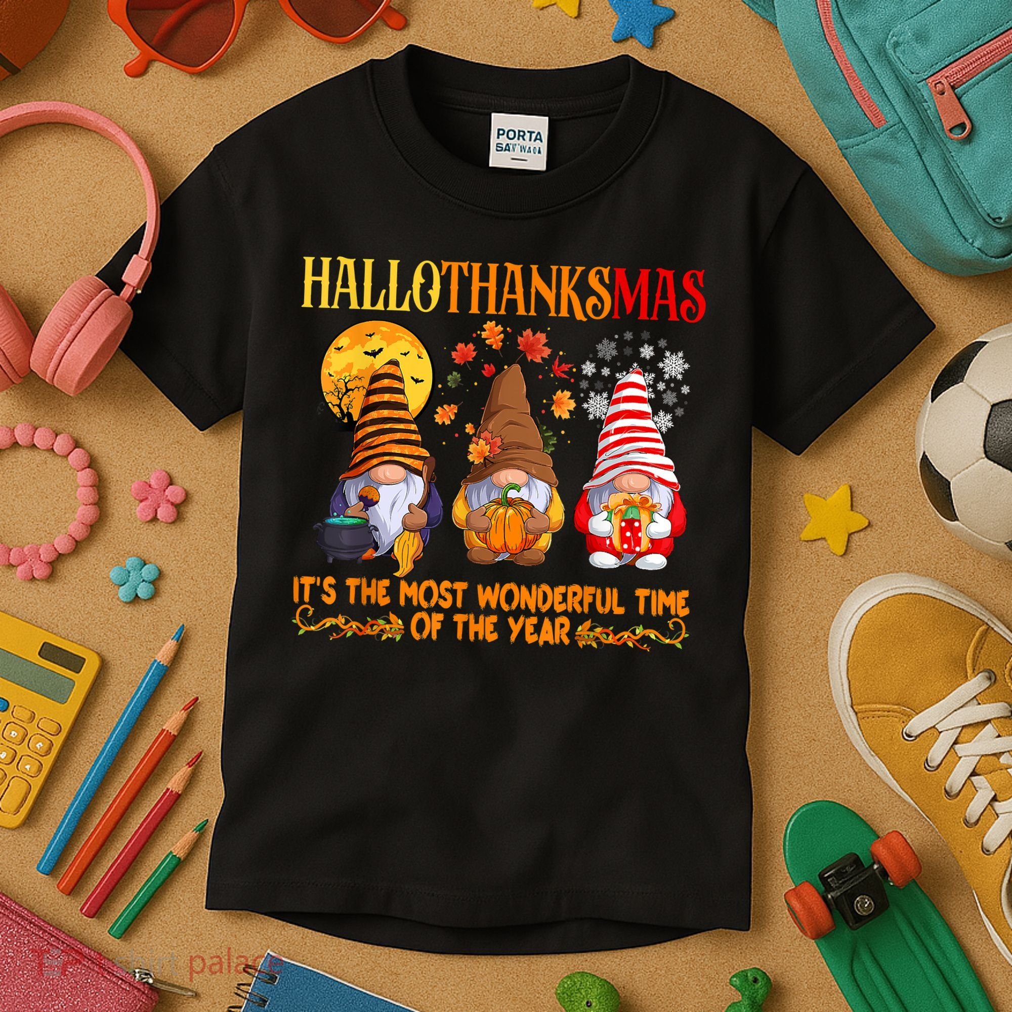 Happy Hallothanksmas Cute Gnomes Fall Halloween Kids T-Shirt