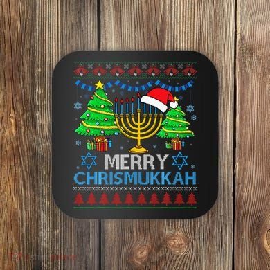 Happy Hanukkah Christmas Santa Hat Coaster