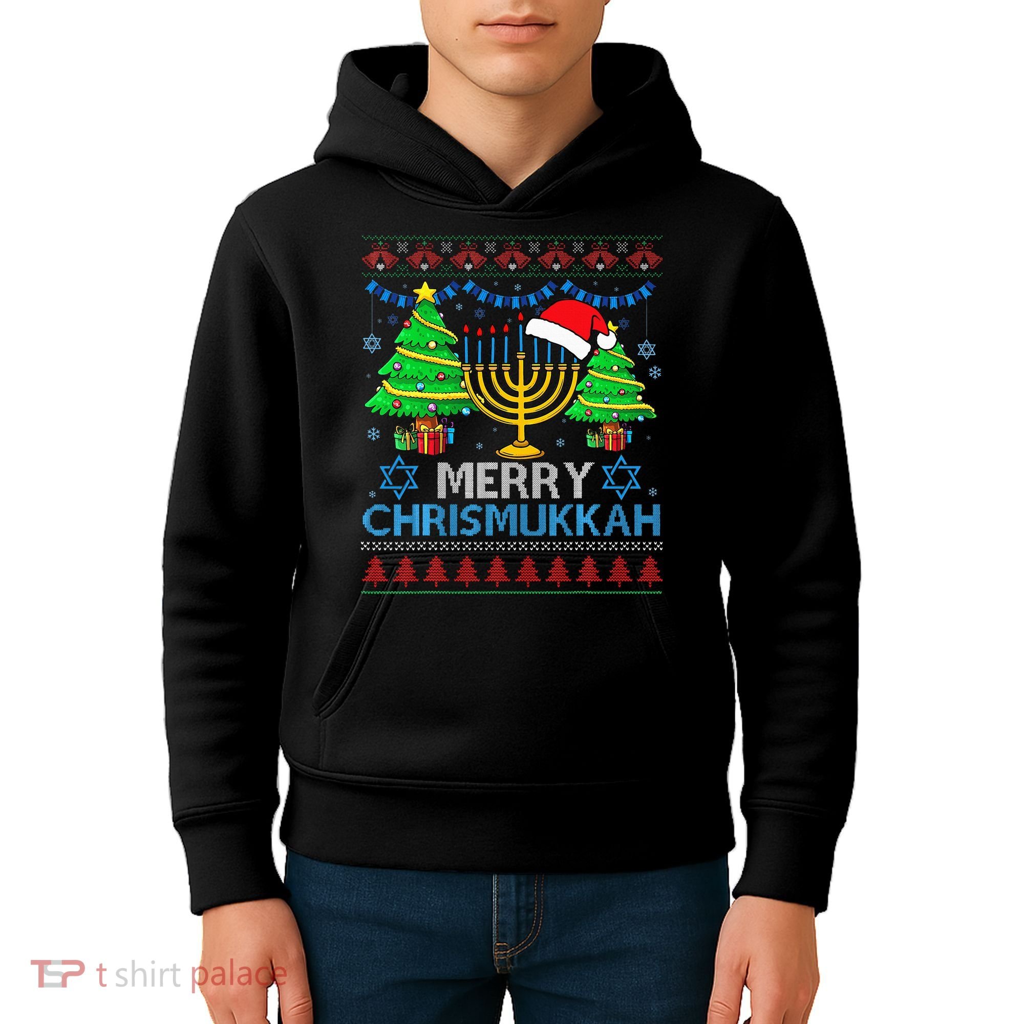 Happy Hanukkah Christmas Santa Hat Kids Hoodie