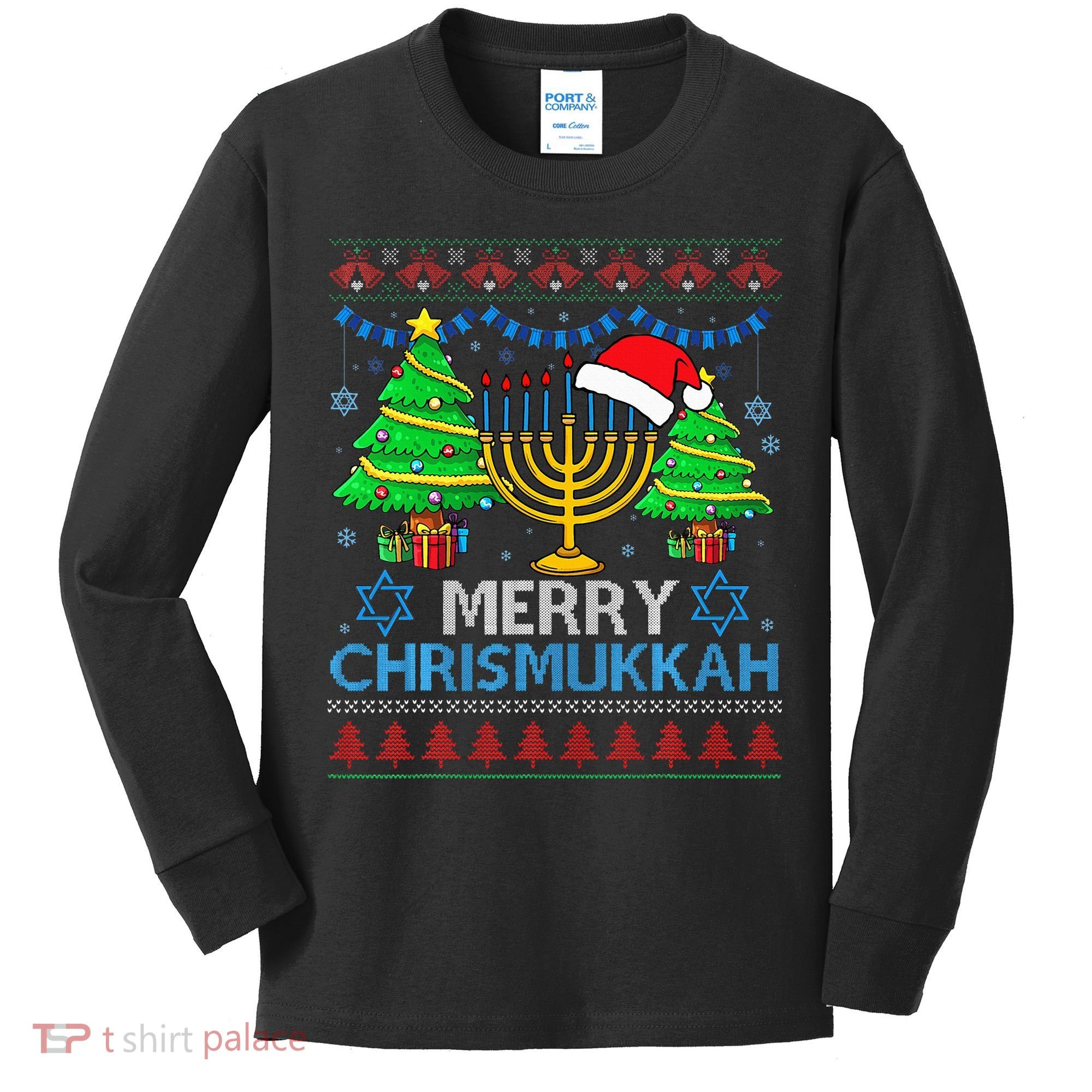 Happy Hanukkah Christmas Santa Hat Kids Long Sleeve Shirt
