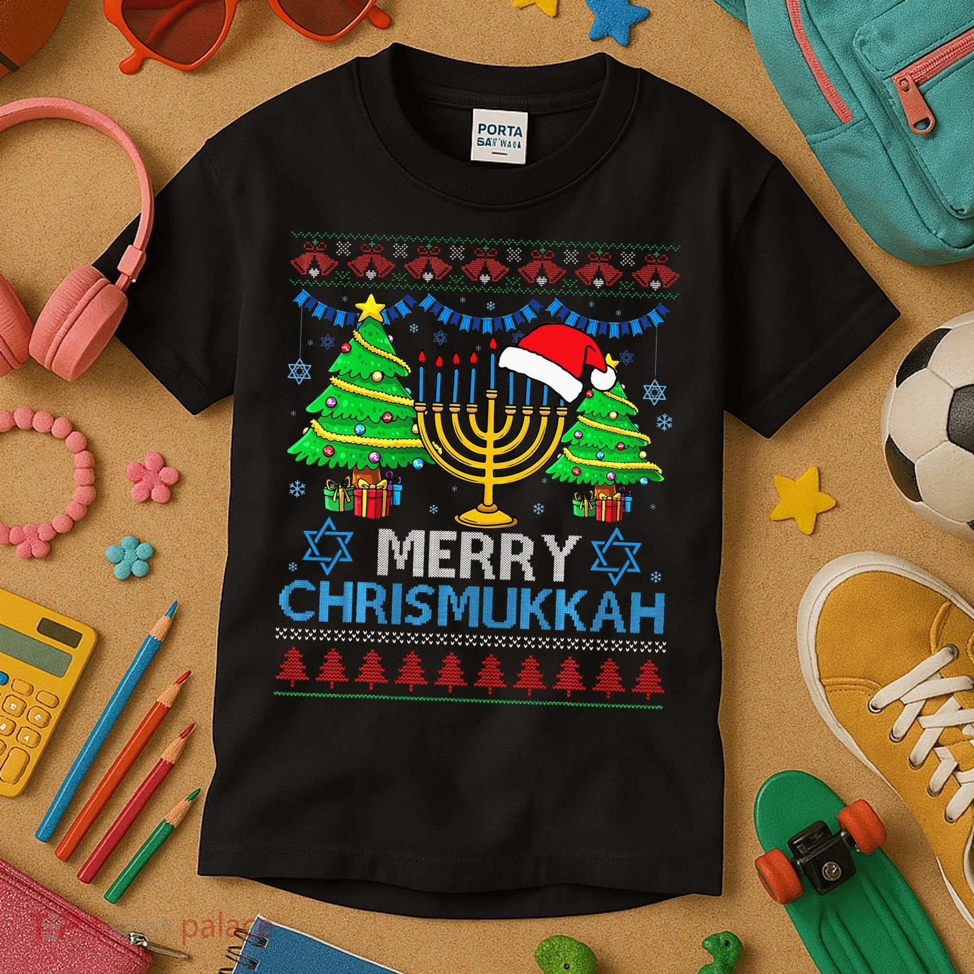 Happy Hanukkah Christmas Santa Hat Kids T-Shirt