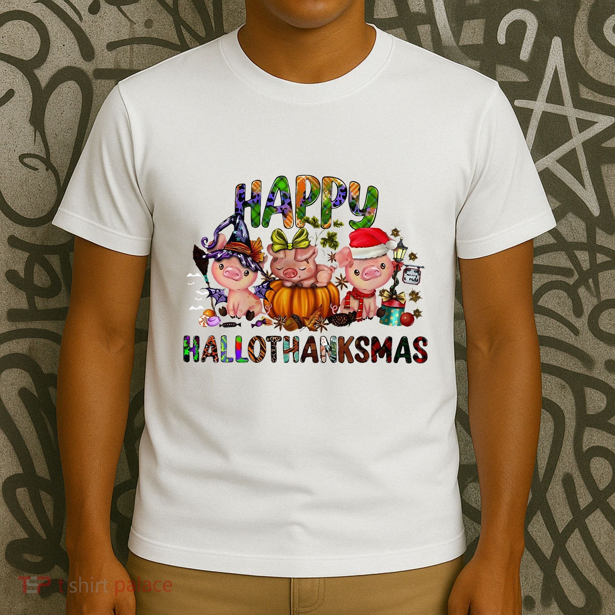 Happy Hallothanksmas Cute Pig Farm Animals Farmer Pig Lover T-Shirt