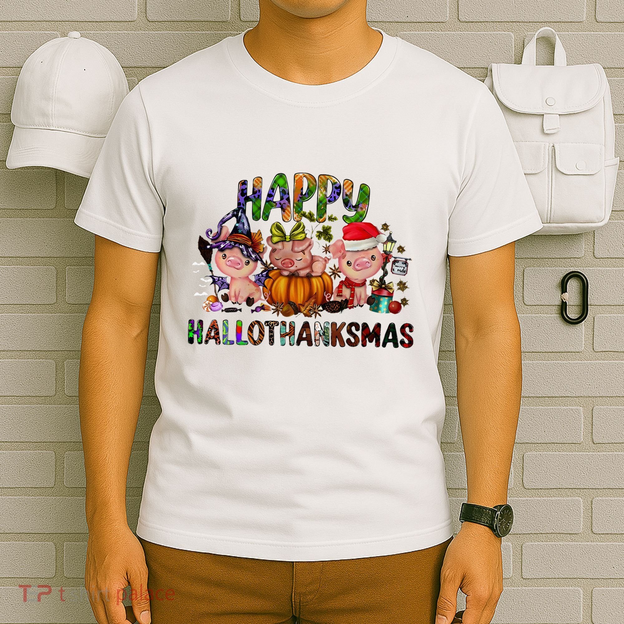 Happy Hallothanksmas Cute Pig Farm Animals Farmer Pig Lover T-Shirt