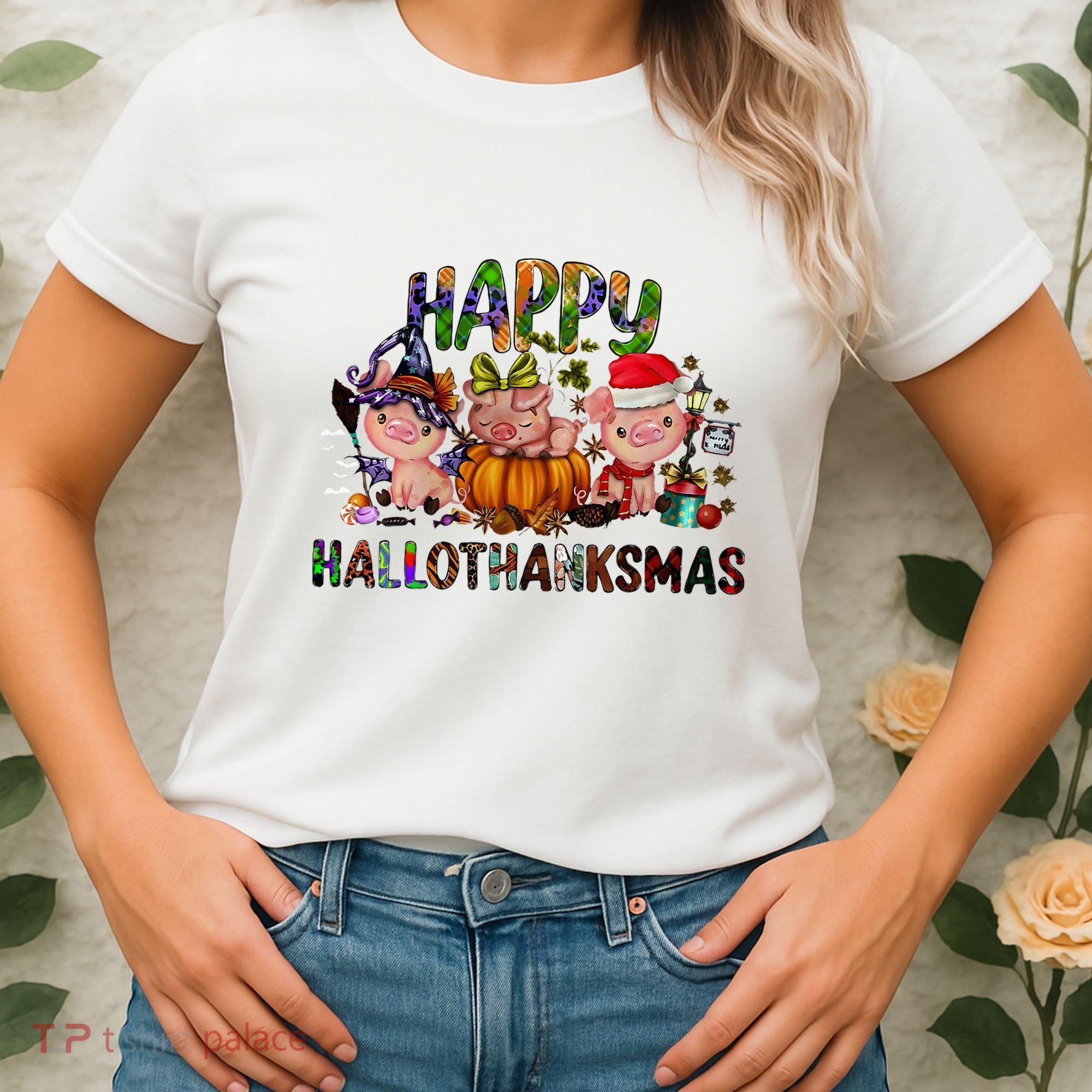 Happy Hallothanksmas Cute Pig Farm Animals Farmer Pig Lover Women's T-Shirt