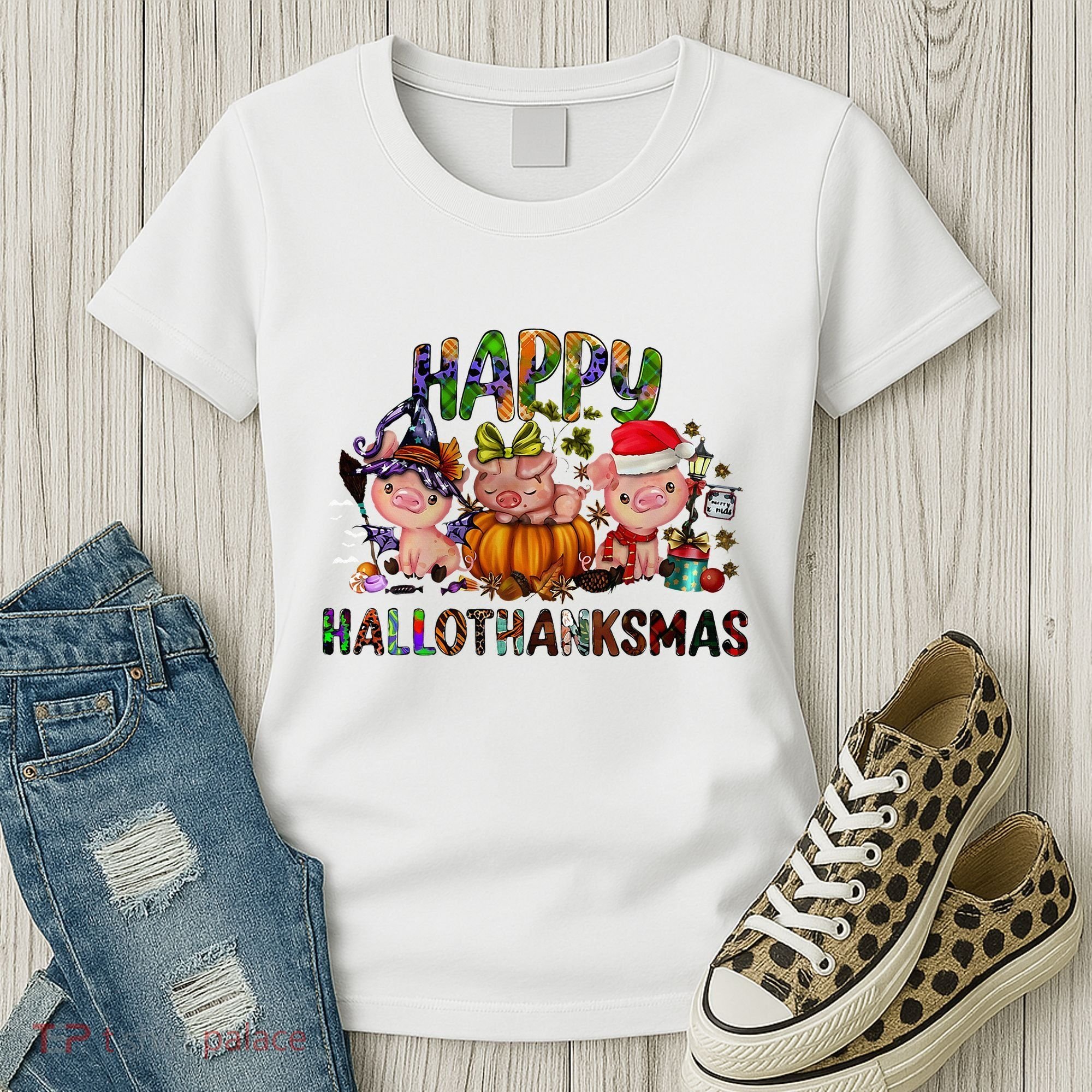 Happy Hallothanksmas Cute Pig Farm Animals Farmer Pig Lover Women's T-Shirt