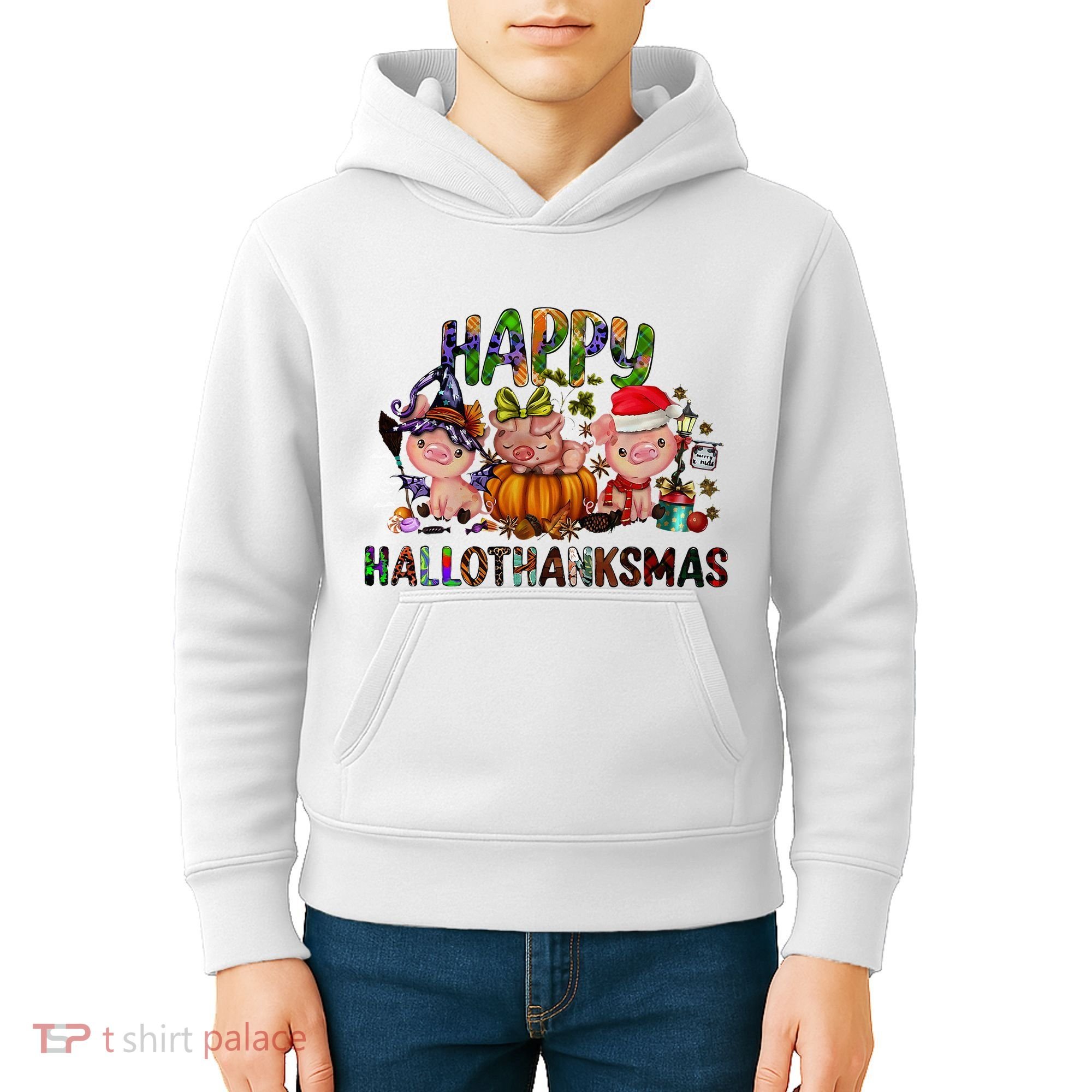 Happy Hallothanksmas Cute Pig Farm Animals Farmer Pig Lover Kids Hoodie