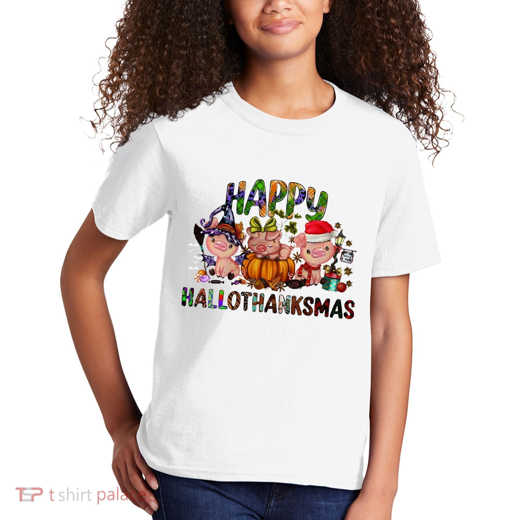 Happy Hallothanksmas Cute Pig Farm Animals Farmer Pig Lover Kids T-Shirt