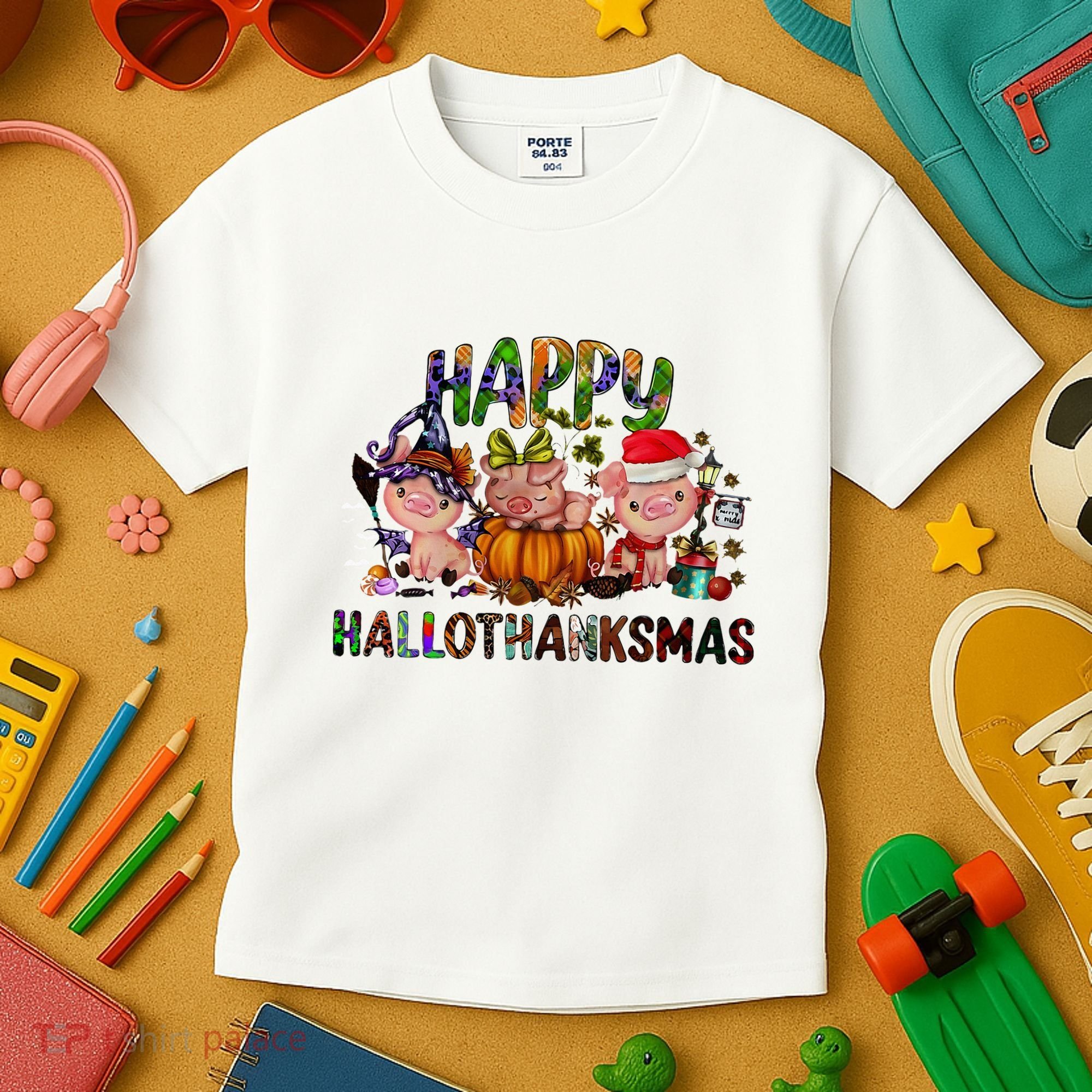 Happy Hallothanksmas Cute Pig Farm Animals Farmer Pig Lover Kids T-Shirt