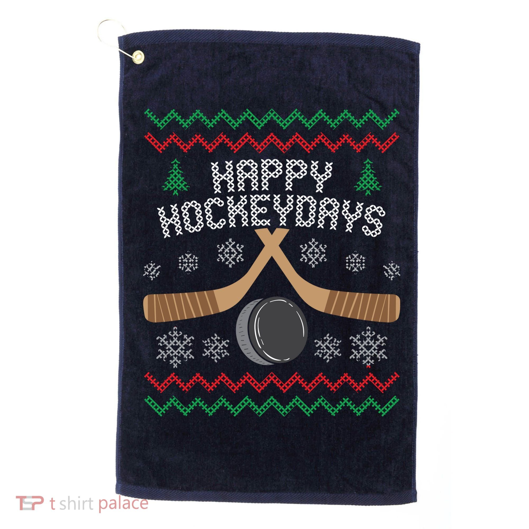 Happy Hockey Days Ugly Christmas Sweater Golf Towel
