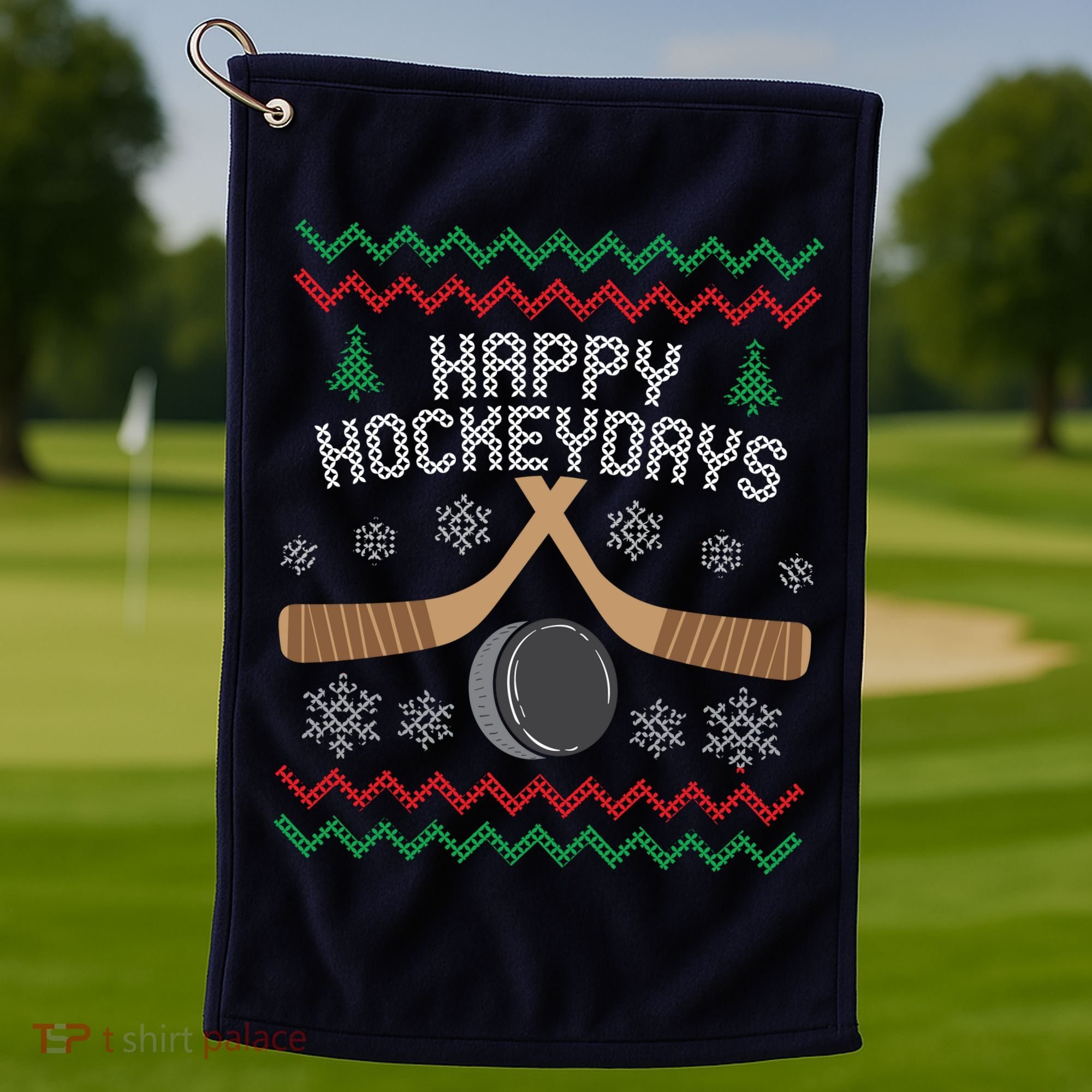 Happy Hockey Days Ugly Christmas Sweater Golf Towel