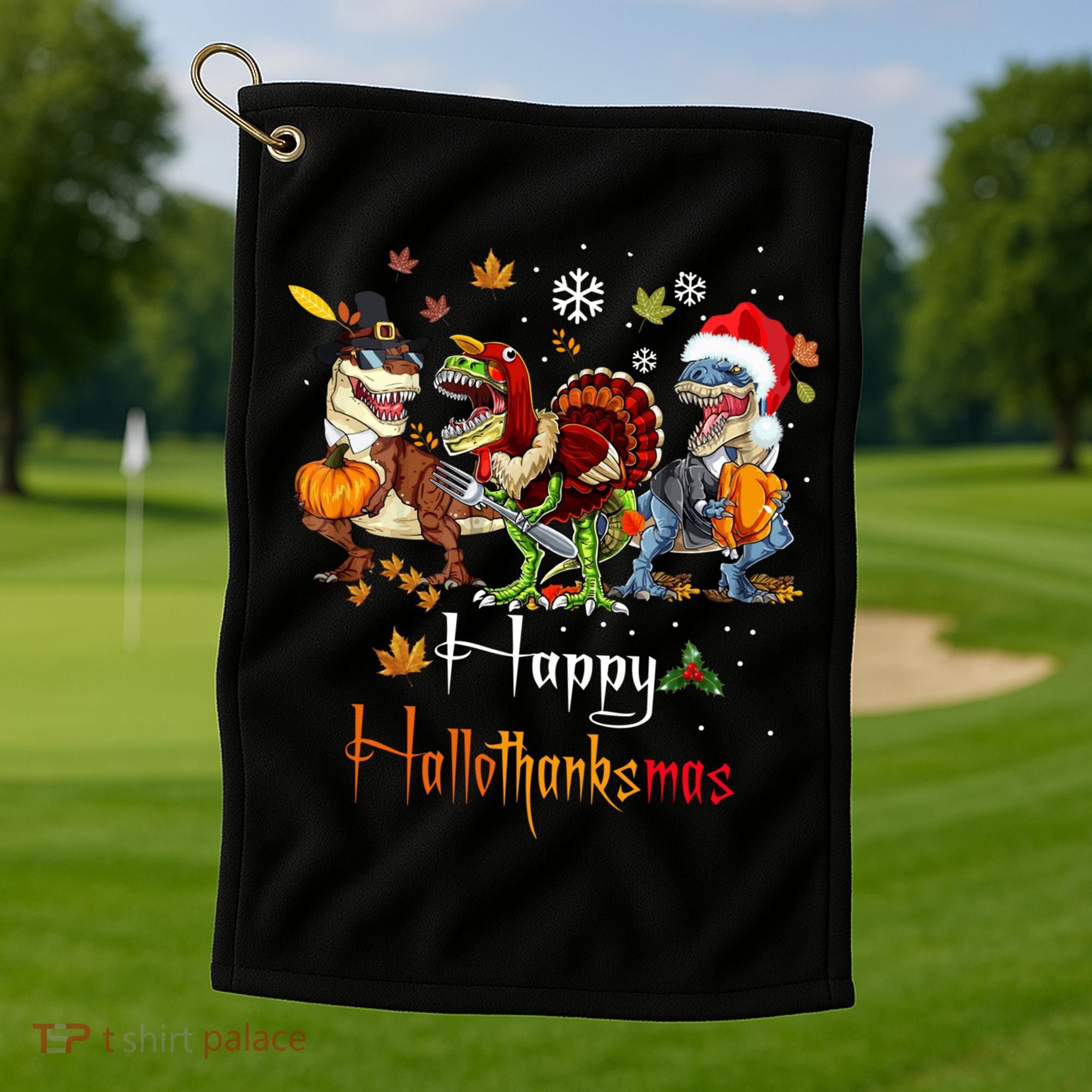 Happy Hallothanksmas Dinosaurs T Rex Turkey Costume Gift Golf Towel