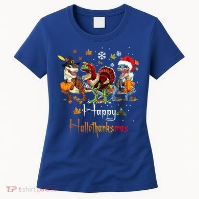 Happy Hallothanksmas Dinosaurs T Rex Turkey Costume Gift Women's T-Shirt
