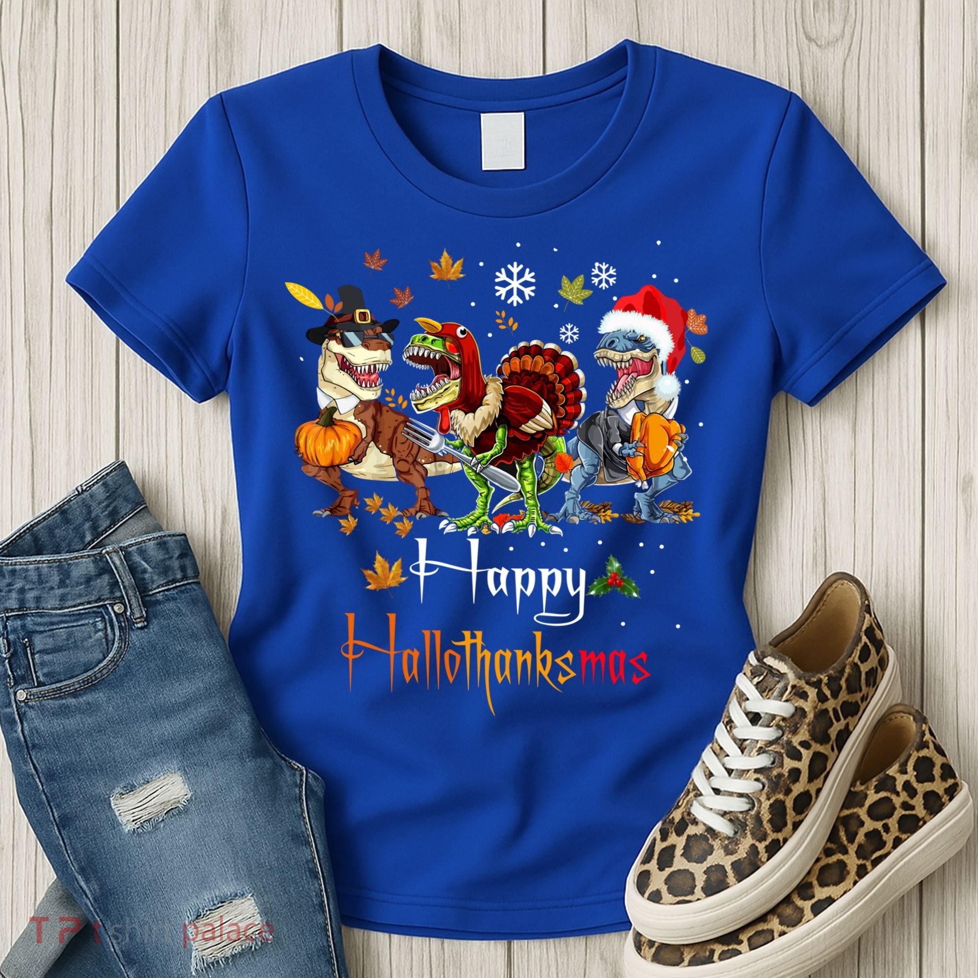 Happy Hallothanksmas Dinosaurs T Rex Turkey Costume Gift Women's T-Shirt