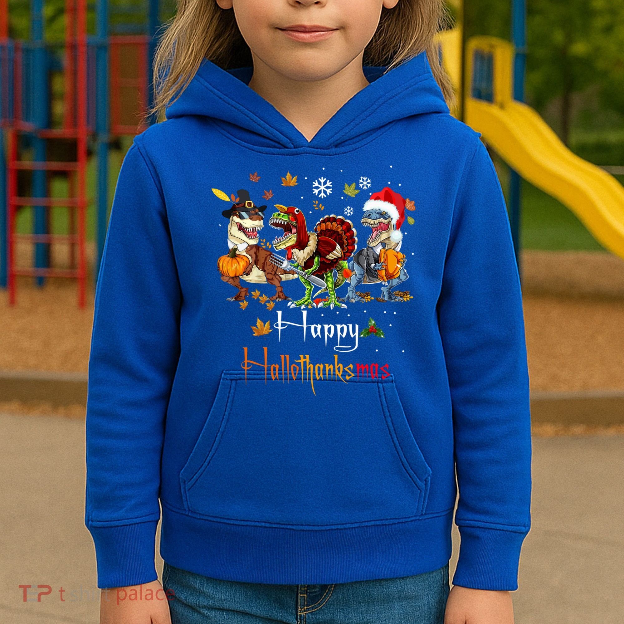Happy Hallothanksmas Dinosaurs T Rex Turkey Costume Gift Kids Hoodie