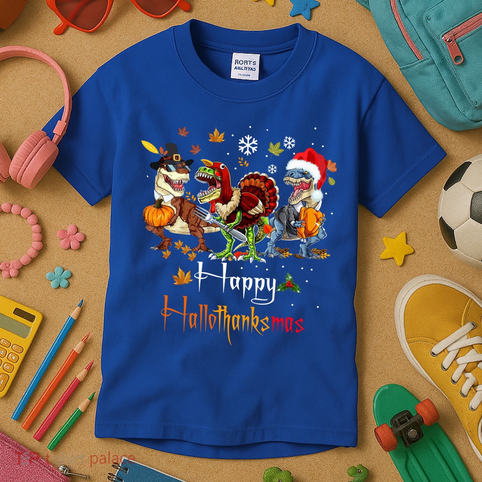 Happy Hallothanksmas Dinosaurs T Rex Turkey Costume Gift Kids T-Shirt