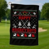 Happy Hockey Days Funny Ugly Christmas Sweater Gift Golf Towel thumb 1