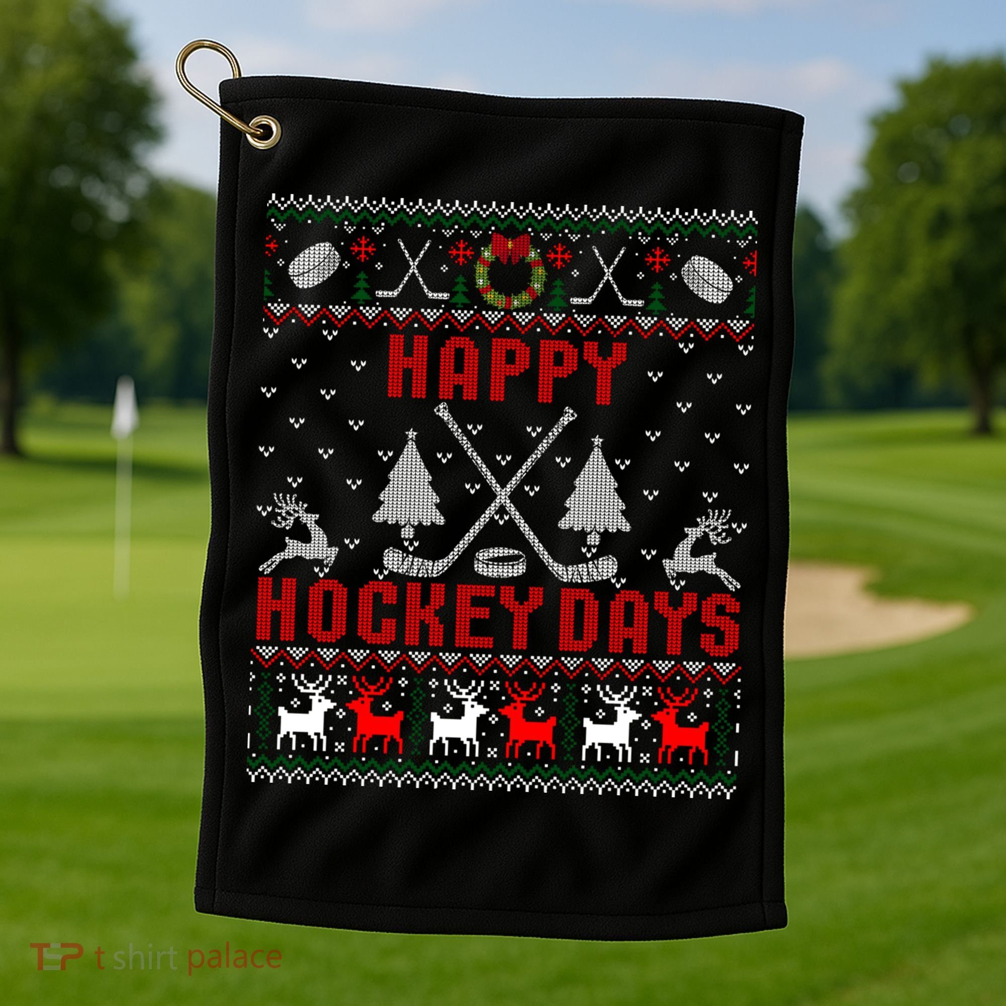 Happy Hockey Days Funny Ugly Christmas Sweater Gift Golf Towel
