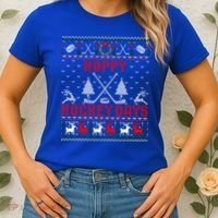 Happy Hockey Days Funny Ugly Christmas Sweater Gift Women's T-Shirt thumb 2