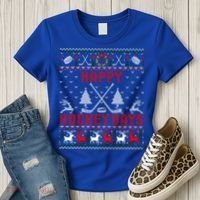 Happy Hockey Days Funny Ugly Christmas Sweater Gift Women's T-Shirt thumb 3