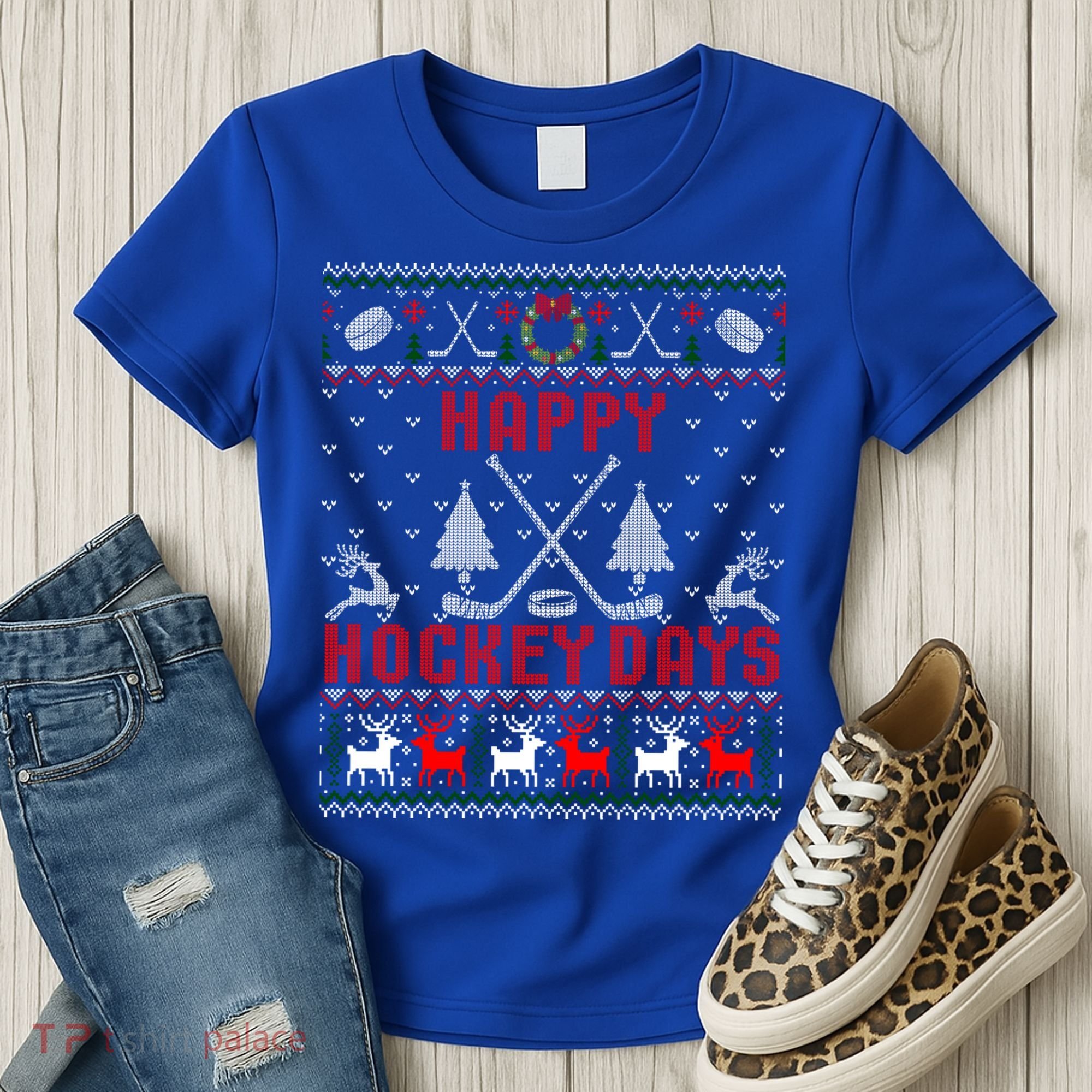 Happy Hockey Days Funny Ugly Christmas Sweater Gift Women's T-Shirt