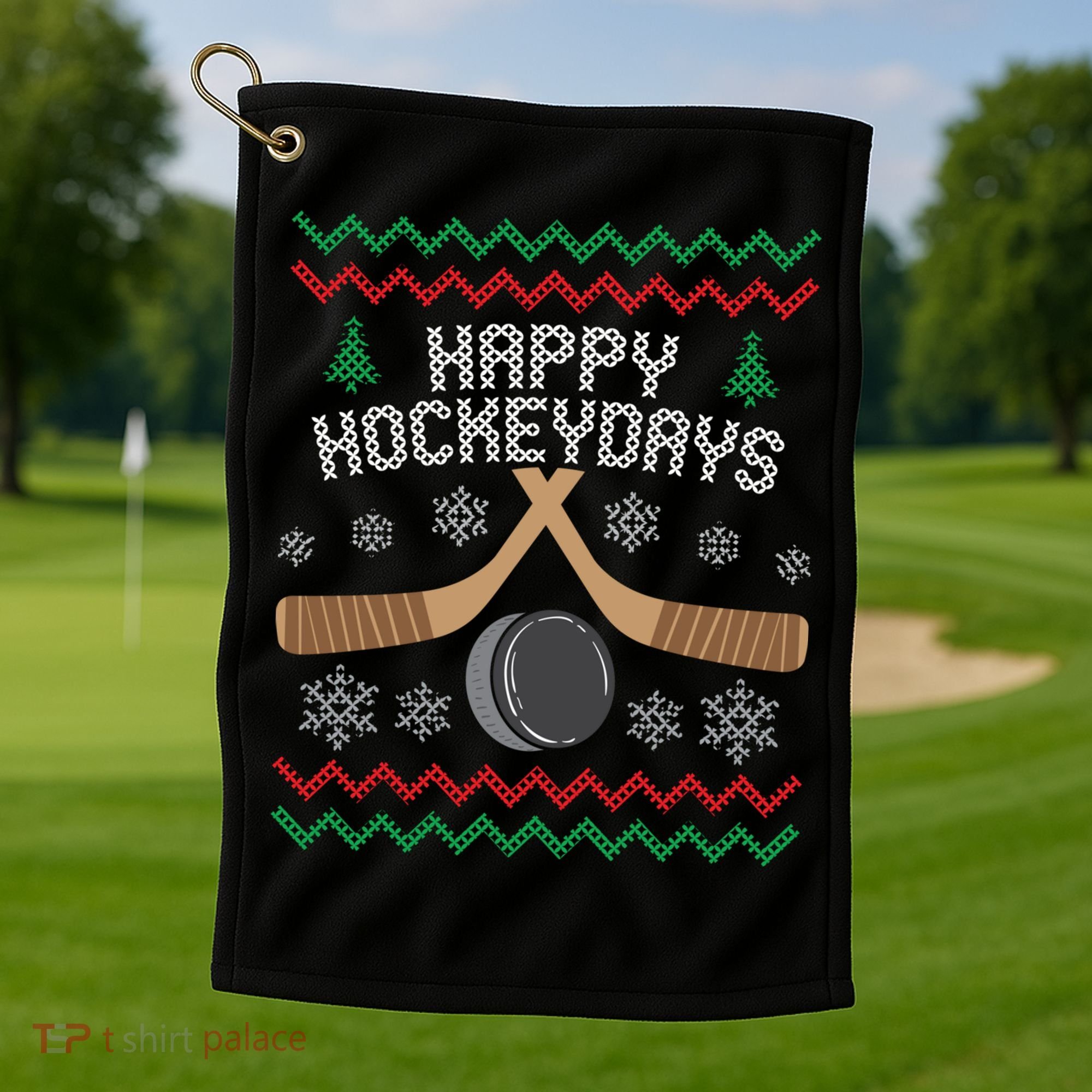 Happy Hockey Days Ugly Christmas Cool Gift Cool Gift Golf Towel