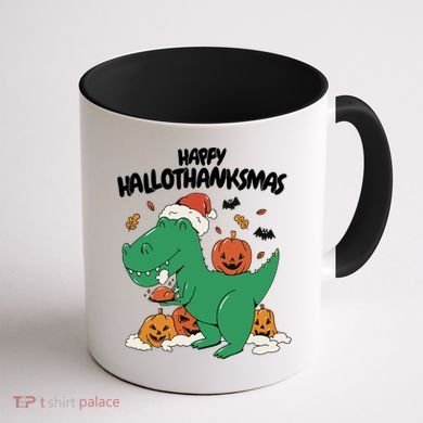 Happy Hallothanksmas Dinosaur Holiday Coffee Mug back
