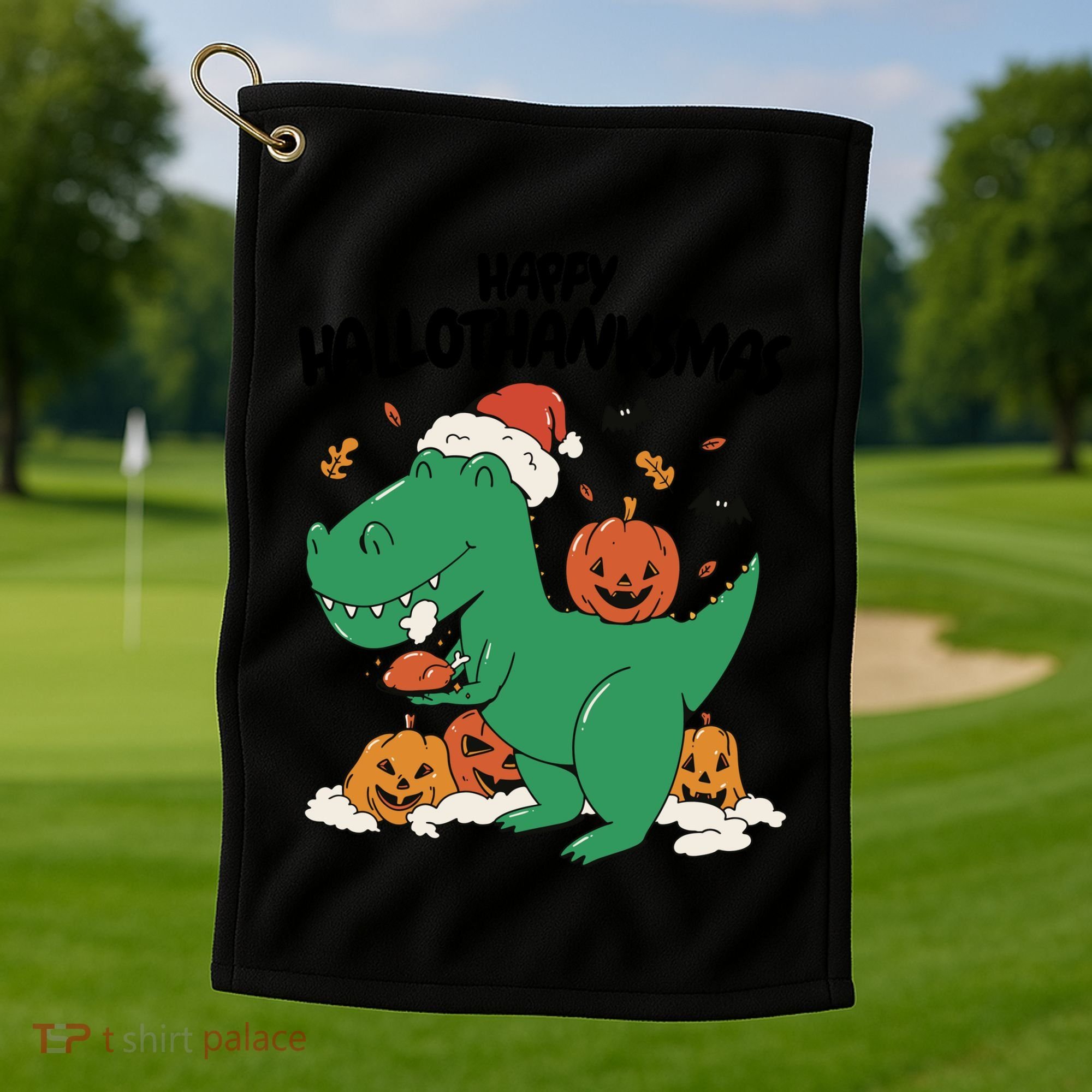 Happy Hallothanksmas Dinosaur Holiday Golf Towel