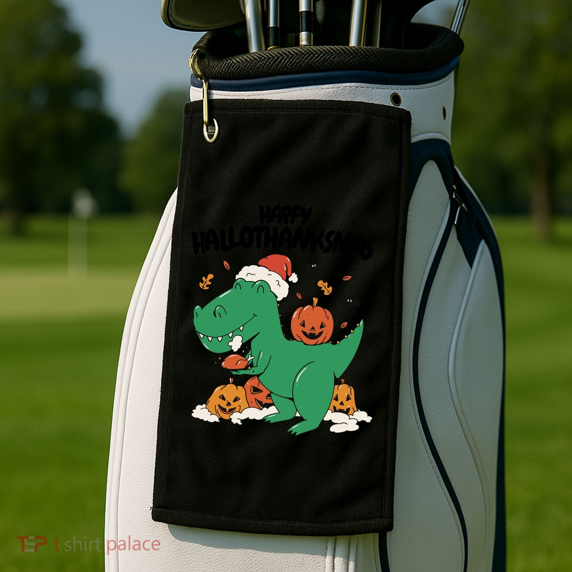 Happy Hallothanksmas Dinosaur Holiday Golf Towel