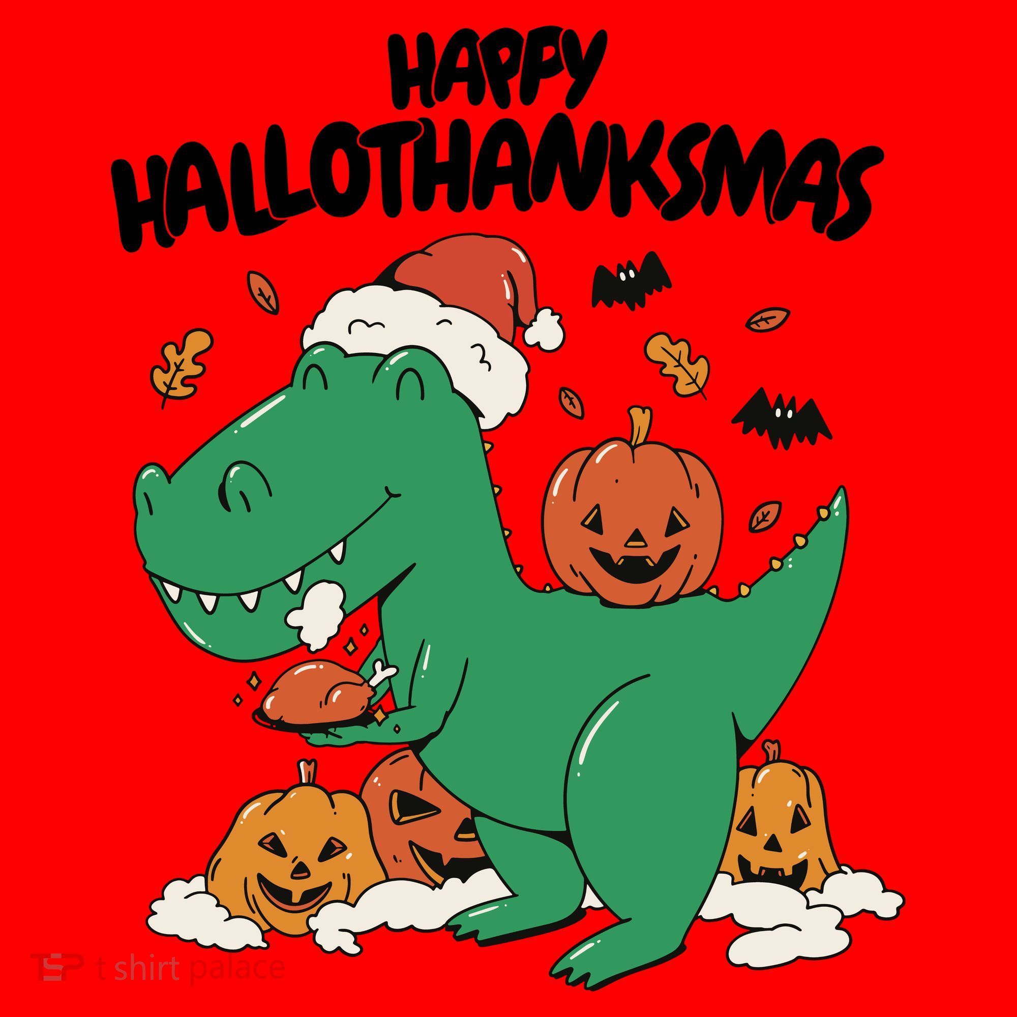 Happy Hallothanksmas Dinosaur Holiday Santa Hat