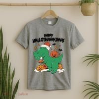 Happy Hallothanksmas Dinosaur Holiday T-Shirt thumb 2