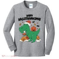 Happy Hallothanksmas Dinosaur Holiday Kids Long Sleeve Shirt thumb 0
