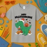 Happy Hallothanksmas Dinosaur Holiday Kids T-Shirt thumb 3