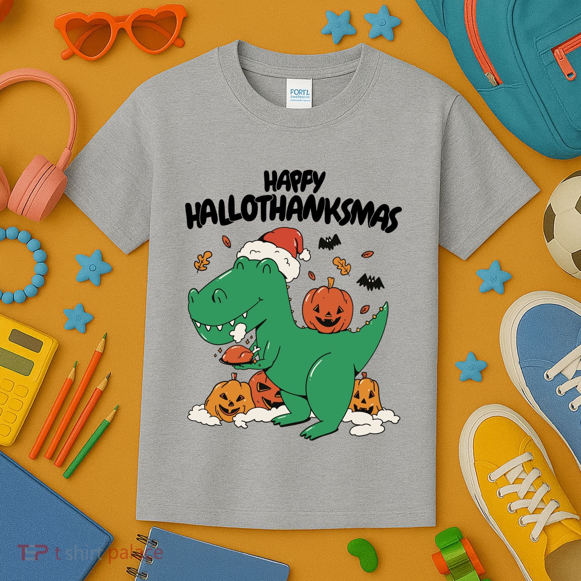 Happy Hallothanksmas Dinosaur Holiday Kids T-Shirt